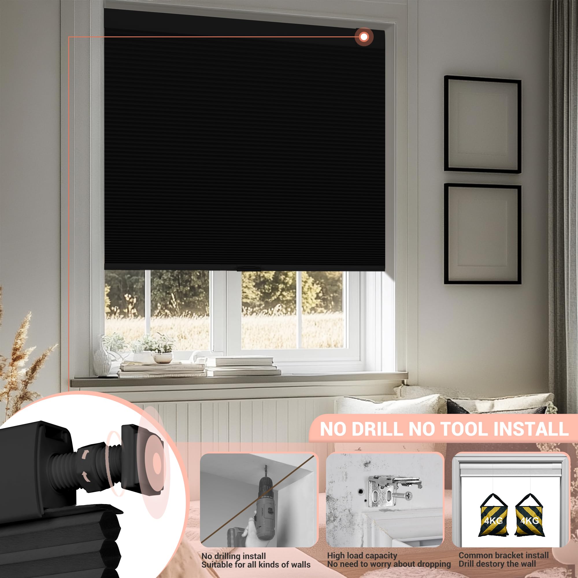 No Drill No Tools Blackout Cellular Shades - Cordless Easy Install Honeycomb Blinds for Windows - Thermal Insulated & Noise Reduction - Custom Size (Blackout-Black) - Perfect for Bedrooms, Nurseries & Home Offices