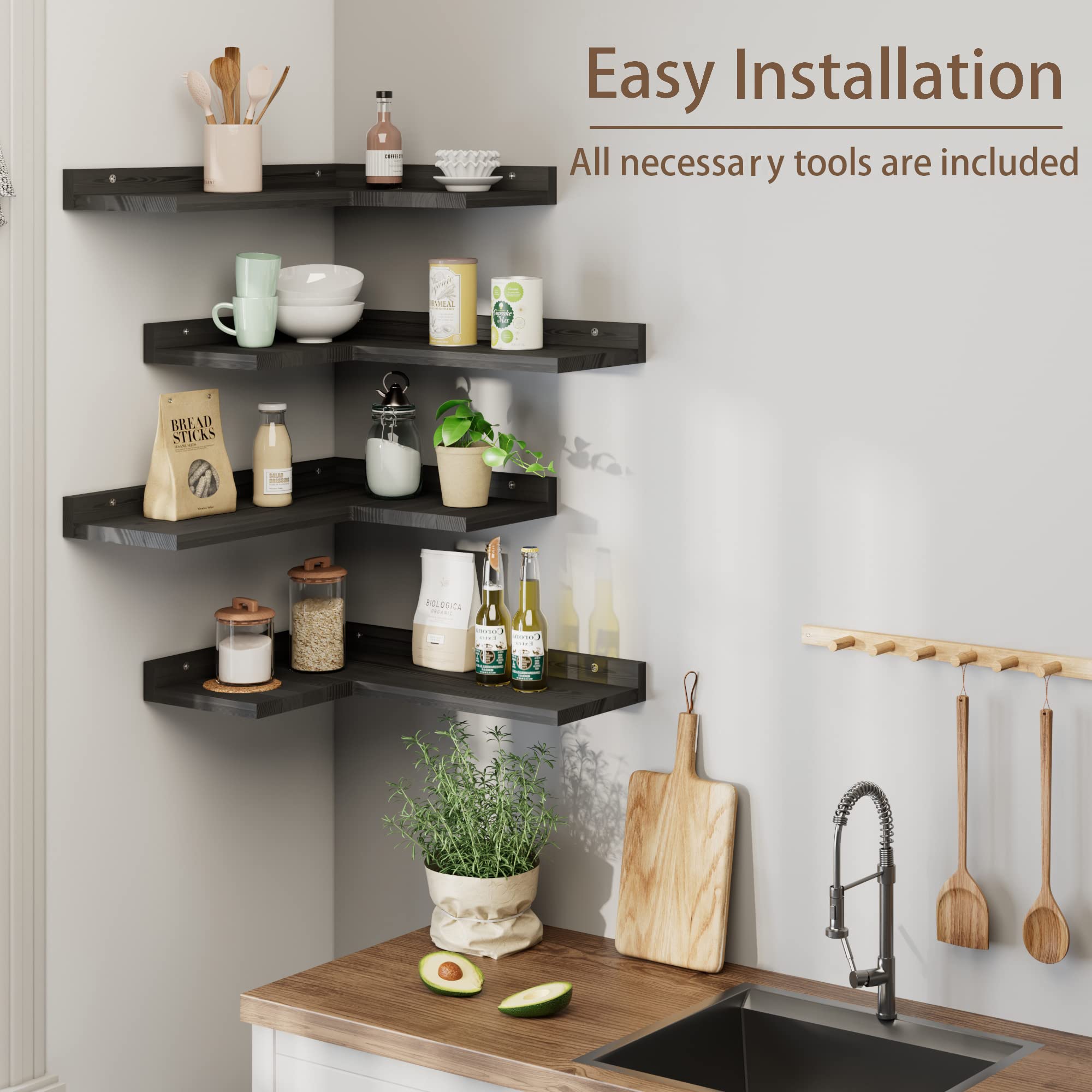 4 Tier Floating Corner Shelves Black Set of 4 - Rustic Pine Wood Wall Mounted L-Shaped Shelves for Home Decor & Storage - Perfect for Bedroom, Living Room, Bathroom & Kitchen Organization