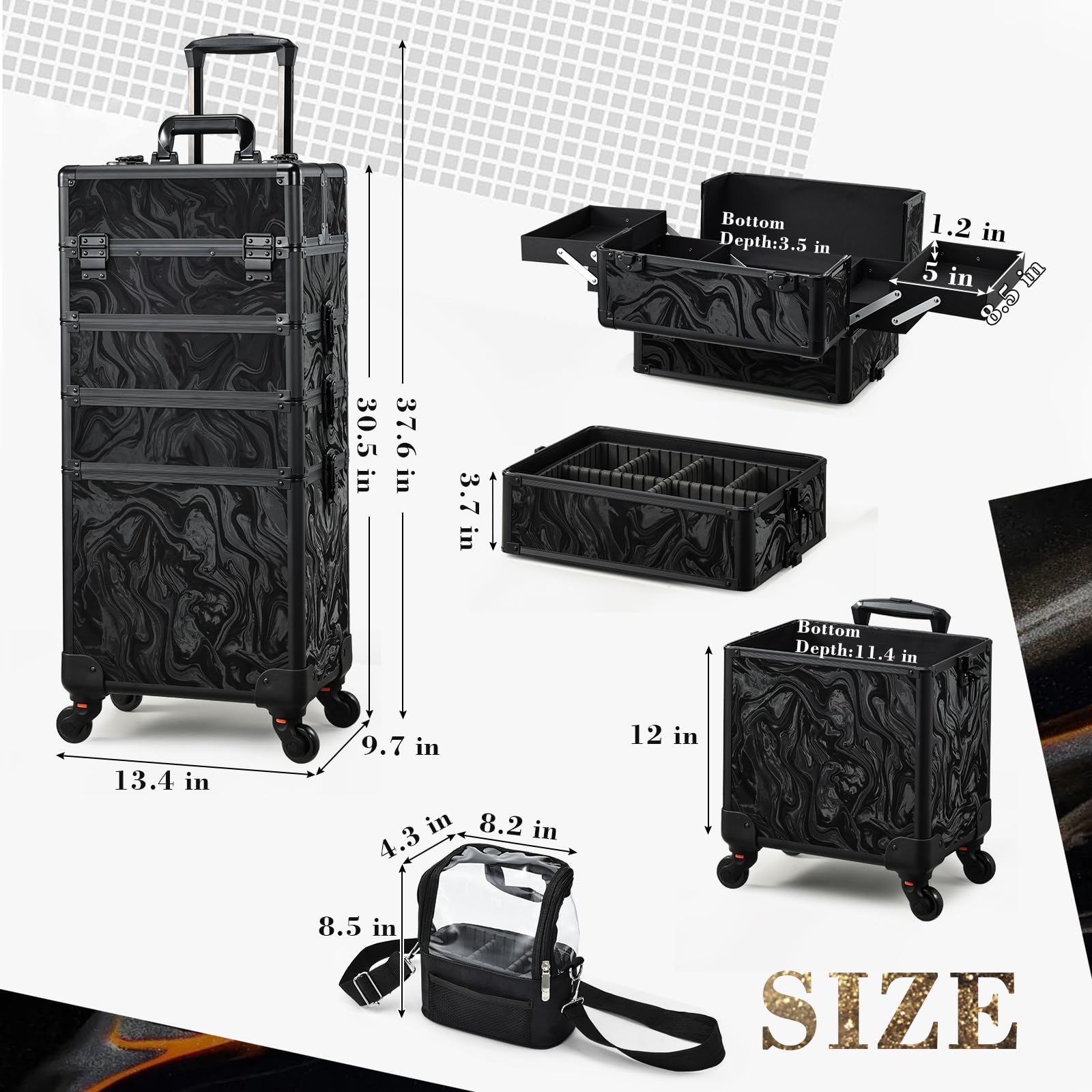 Stagiant 4-in-1 Rolling Makeup Case with Cosmetic Bag & Swivel Wheels - Professional Salon Barber Travel Cart Trolley (Alpine Black) for Mobile Beauty Services, Makeup Artists & Cosmetologists