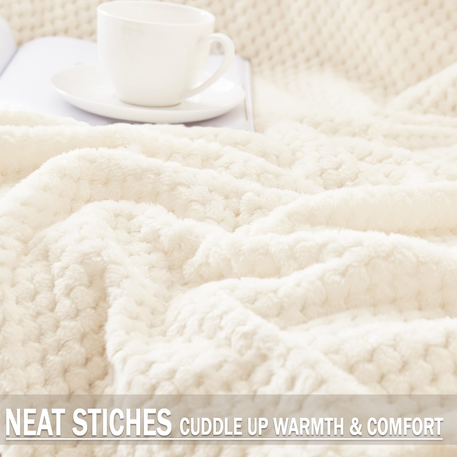 Premium Fleece Blend Blanket Queen Size - Ultra Soft & Warm Waffle Textured Throw for Bed, Couch & Sofa - Cozy, Lightweight & Fuzzy (Off White, 90x90 Inches) - Perfect for Winter Nights, Movie Time & Home Decor