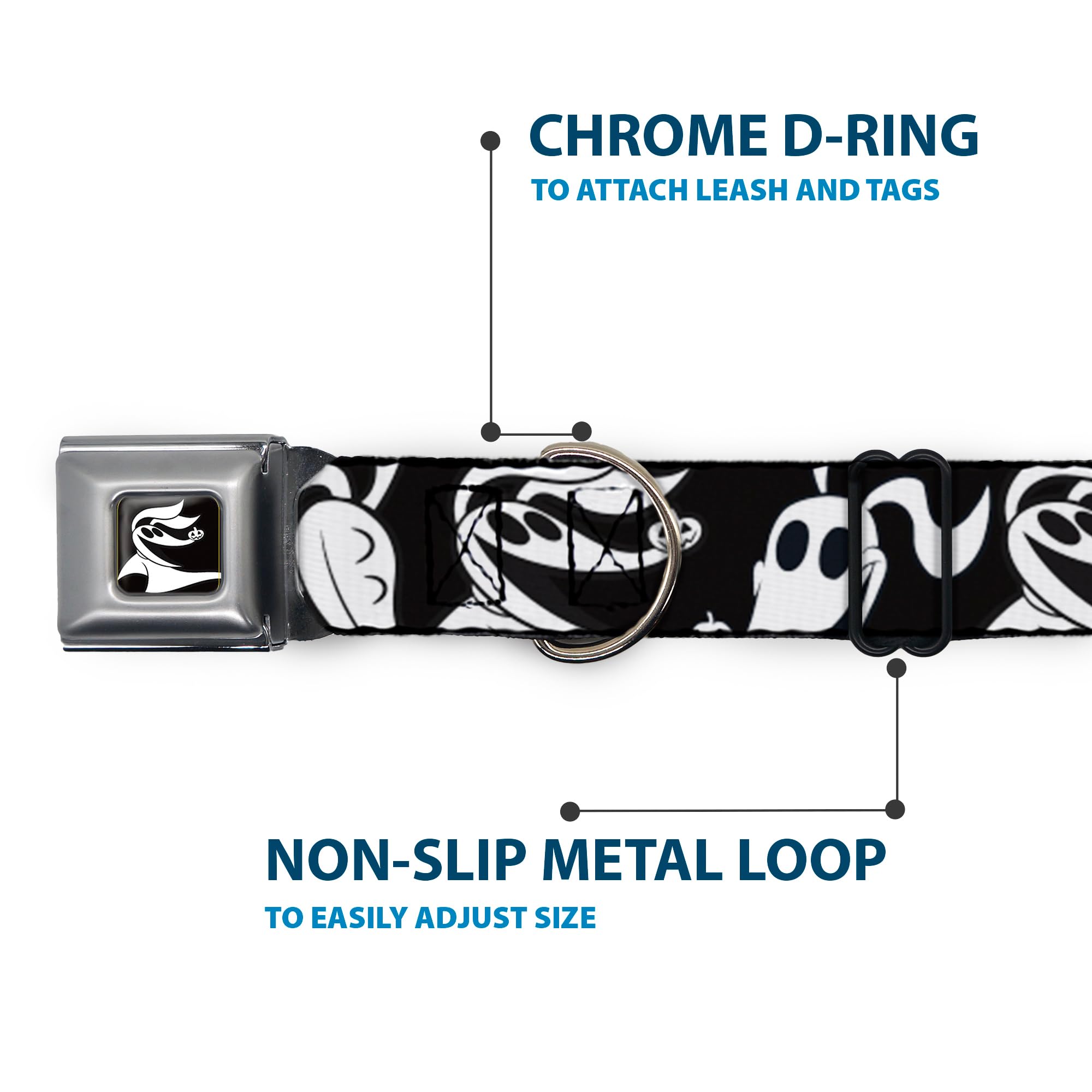 Nightmare Before Christmas Dog Collar - Zero Expressions Black & White Pet Safety Seatbelt Buckle, Adjustable 15-26 Inches, 1-Inch Wide for Small to Medium Dogs - Perfect for Car Travel & Halloween Costumes