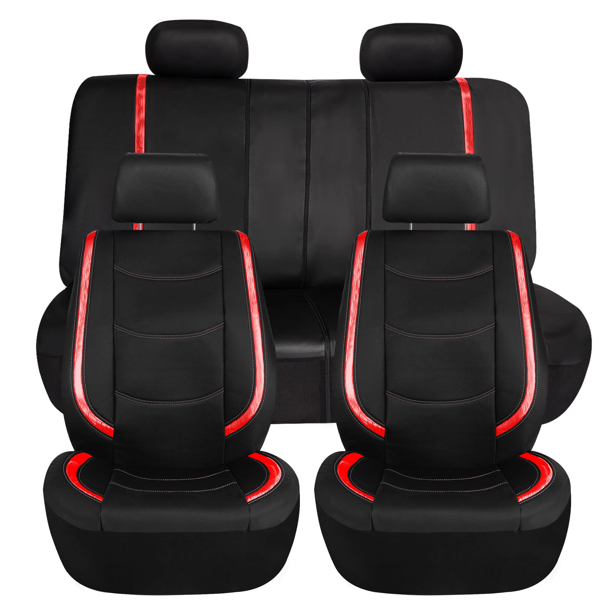 Premium TLH Automotive Red Leatherette Car Seat Covers - Universal Fit for Cars, Trucks, SUVs & Vans | Anti-Slip Protection with Built-in Pockets | Metallic Striped Galaxy13 Design | Perfect for Road Trips, Daily Commutes & Vehicle Protection