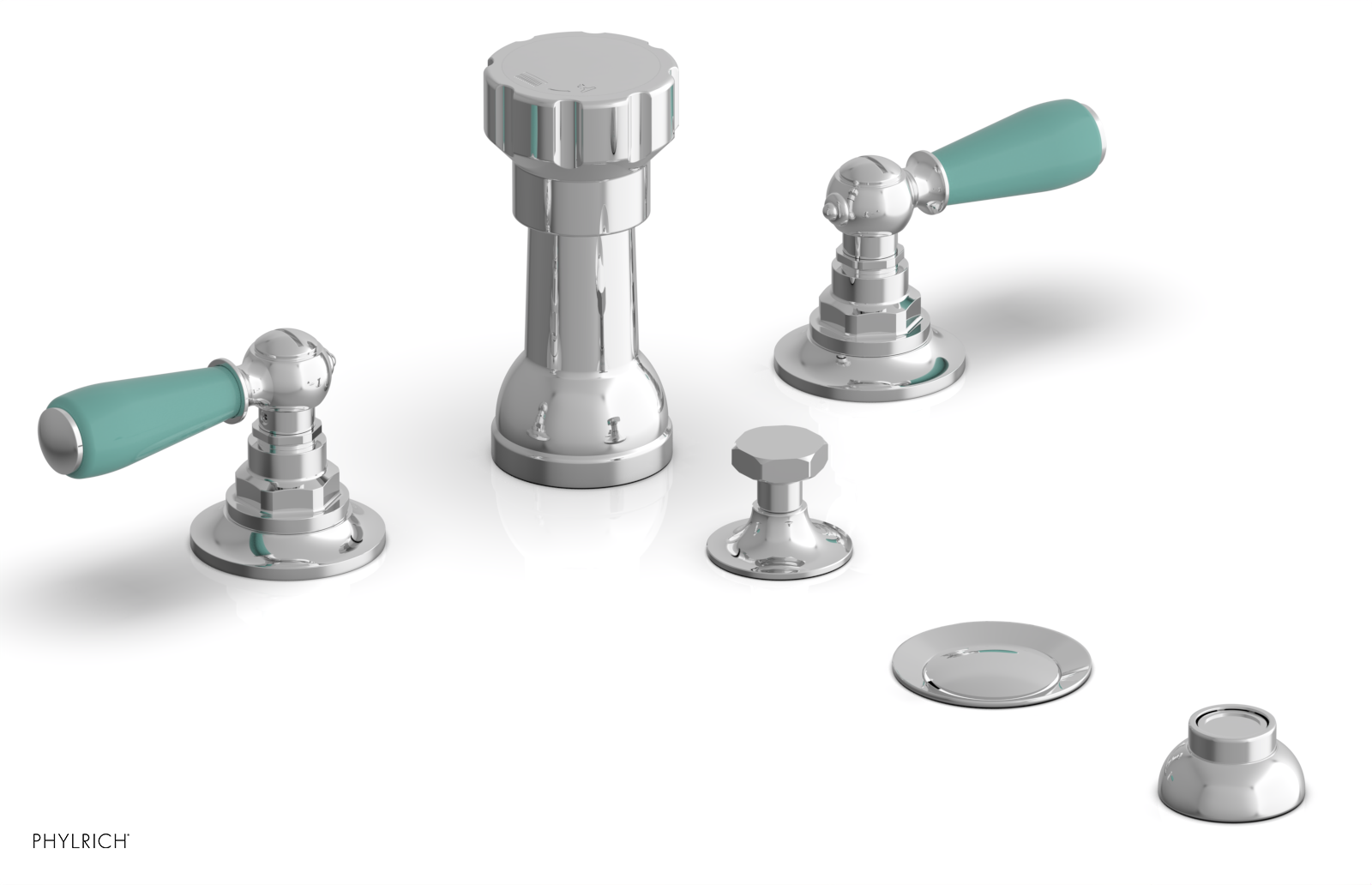 Jamestown Four-Hole Bidet Faucet Set with Lever Handles & Turquoise Accents - 165 61 - Perfect for Modern Bathroom Renovations and Luxury Home Upgrades