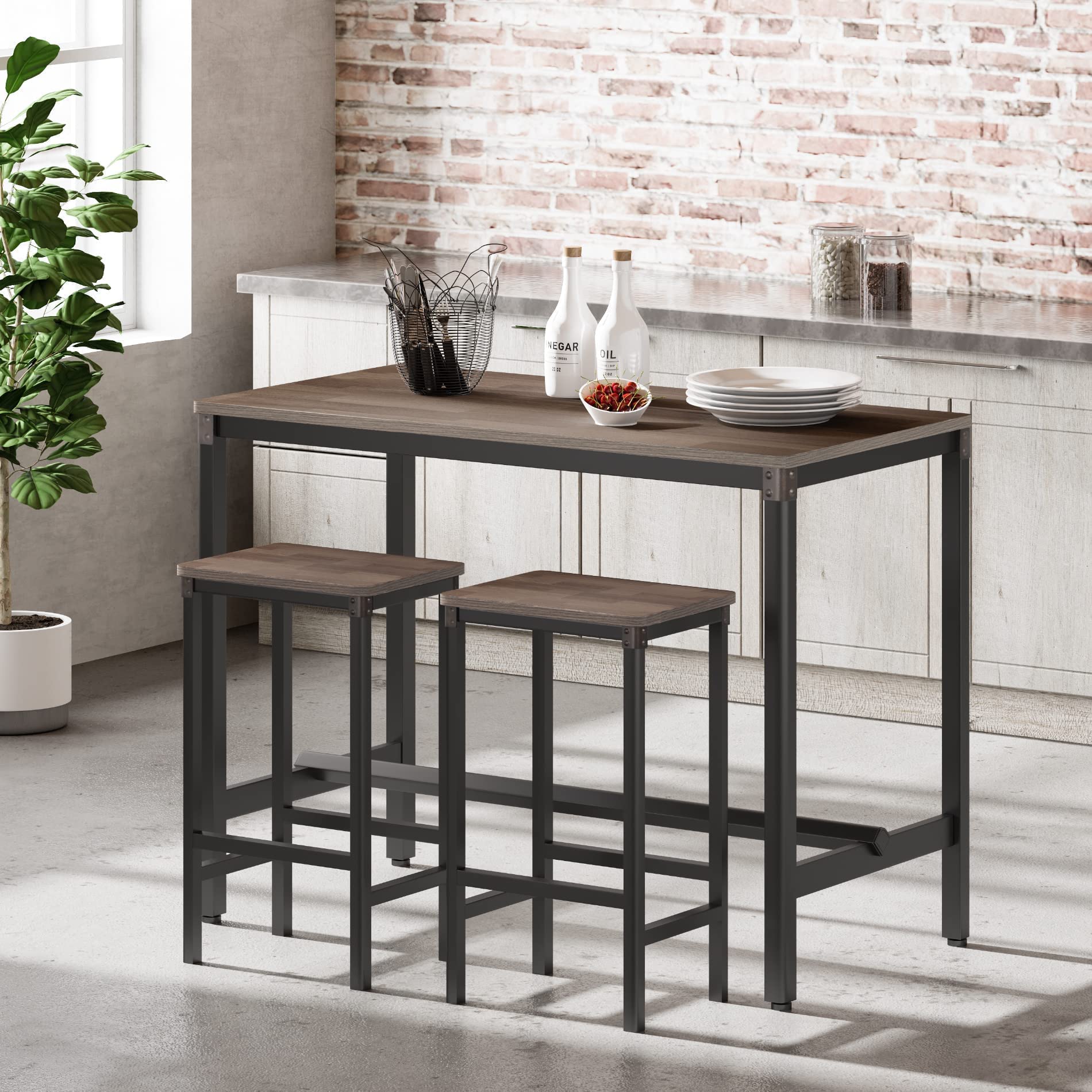 HOMOOI 2-Piece Bar Table Set - Rhea Collection Wood High Top Pub Table with Stools for Home Bar, Kitchen Island, Party Room | 47.2