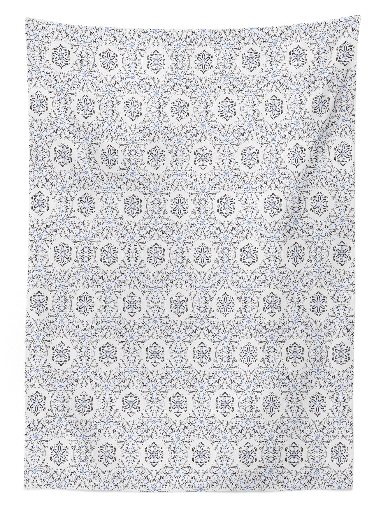 Ambesonne Floral Outdoor Tablecloth - Modern Scroll Pattern with Curled Leaf Motifs, Abstract Mosaic Tile Design, Washable Picnic Table Cover 58x84 Inches in Black Blue & White - Perfect for Garden Parties, BBQs, and Outdoor Dining