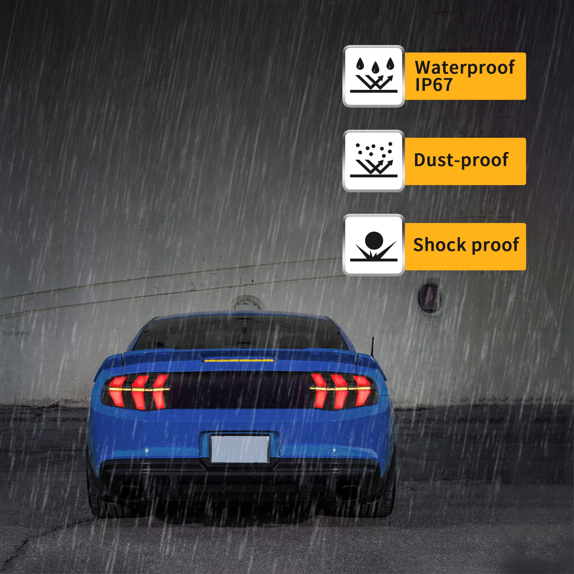 VLAND LED Tail Lights for Ford Mustang 2010-2012 - Sequential Amber Turn Signal, Smoked Lens, Pair (Left & Right) - Upgrade Your Ride for Night Driving & Car Shows