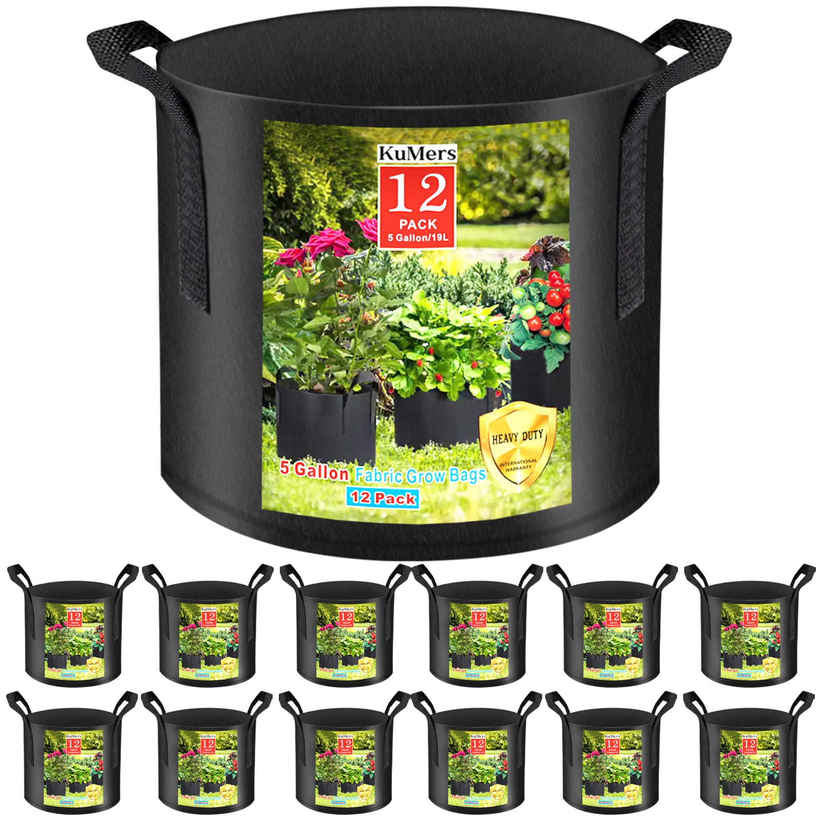 12 Pack 5 Gallon Heavy Duty Thickened Non-Woven Grow Bags with Handles - 300G Durable Plant Fabric Pots for Vegetables, Flowers, Herbs & Fruits - Ideal for Indoor/Outdoor Gardening, Balcony Planting & Container Gardening