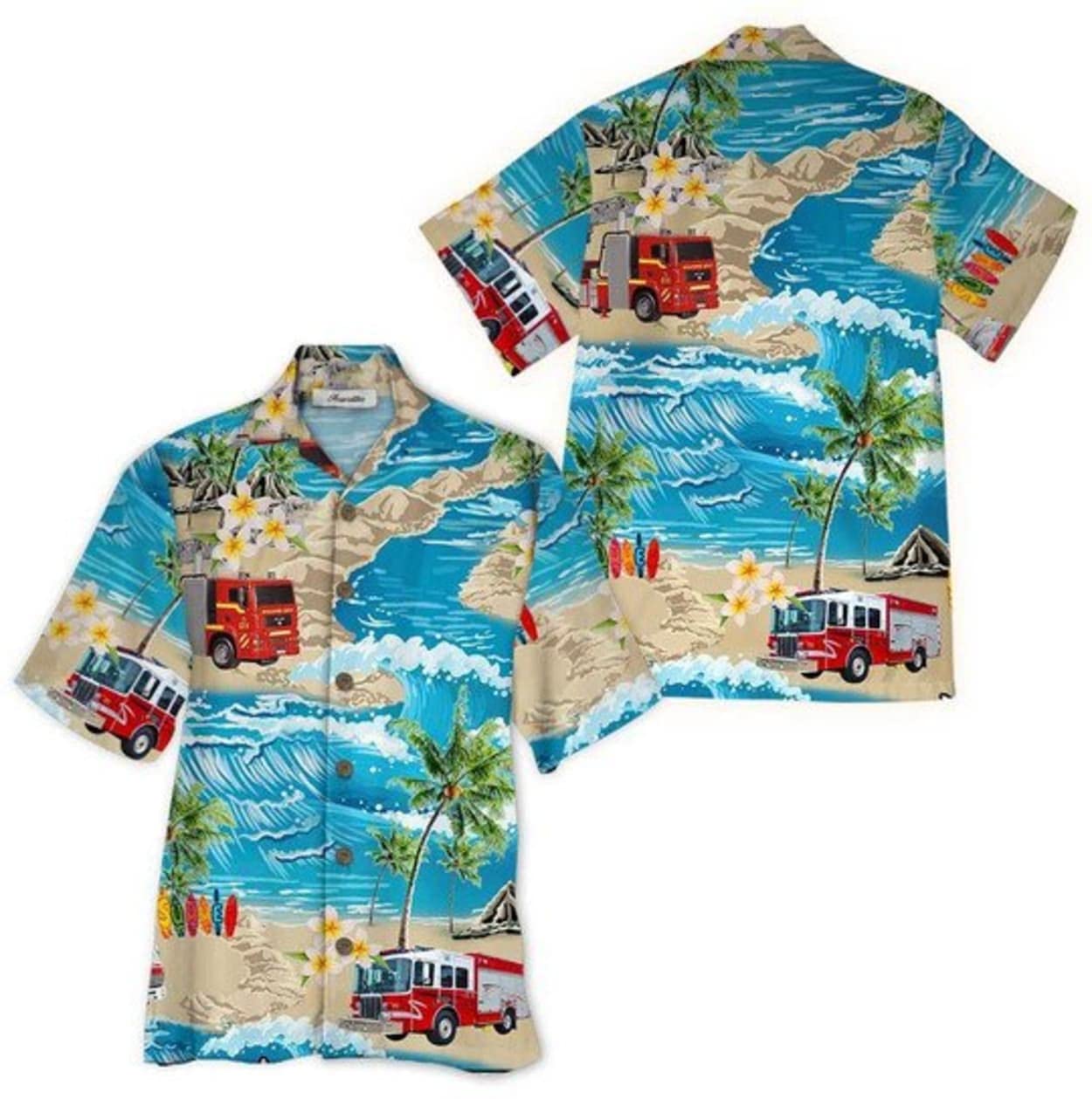 ROUMARK Men's Hawaiian Shirt - Fire Truck Beach Print Short Sleeve Button Down Shirt | Breathable Summer Casual Shirt for Vacation, Party & Outdoor Activities | Perfect Gift for Dad, Boyfriend & Husband (Multicolor)