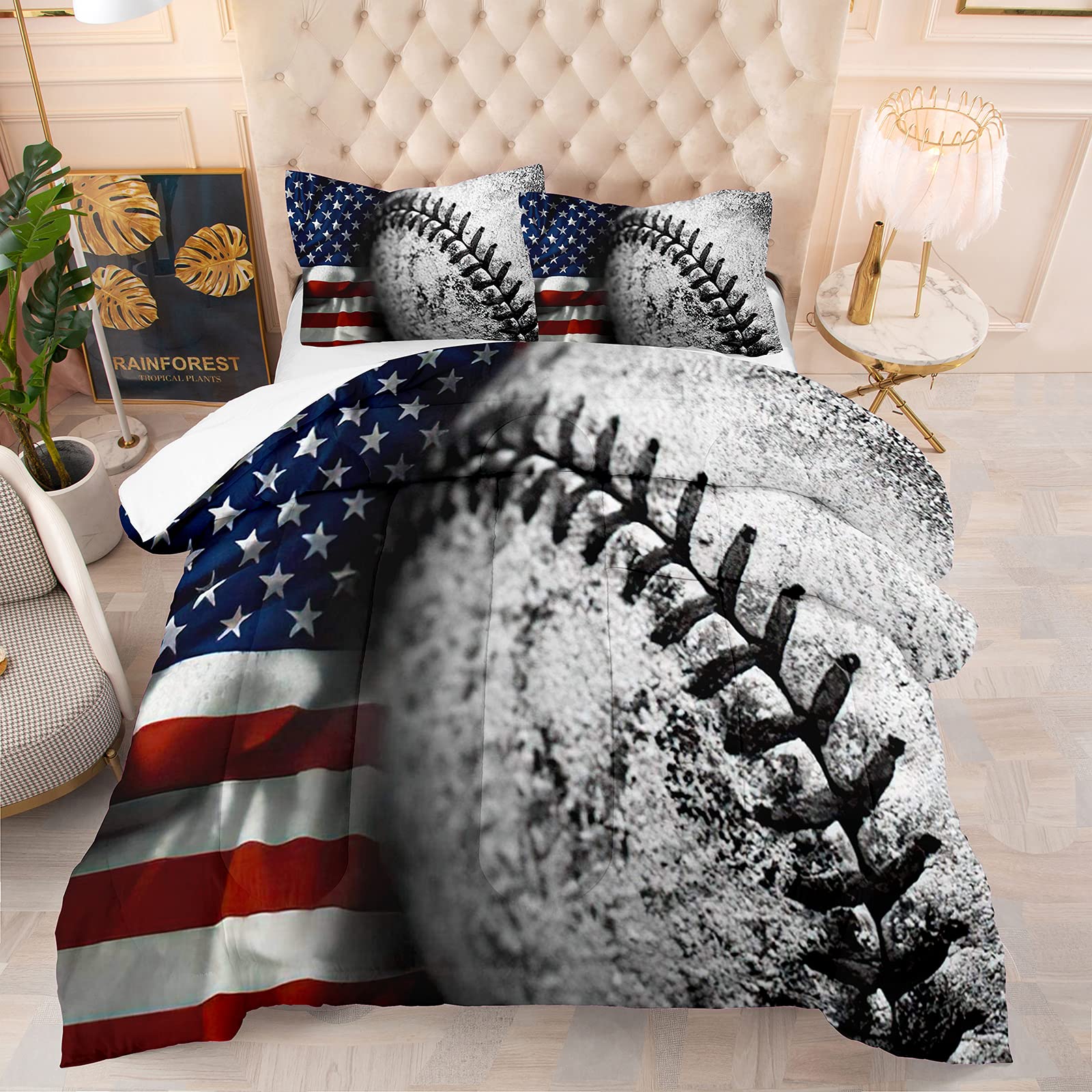 **Bodhi Boys Sports Bedding Set Queen - Baseball & American Flag Comforter Set with Pillowcases, Grey - Perfect for Teen Boys' Bedroom & Dorm Room Decor**