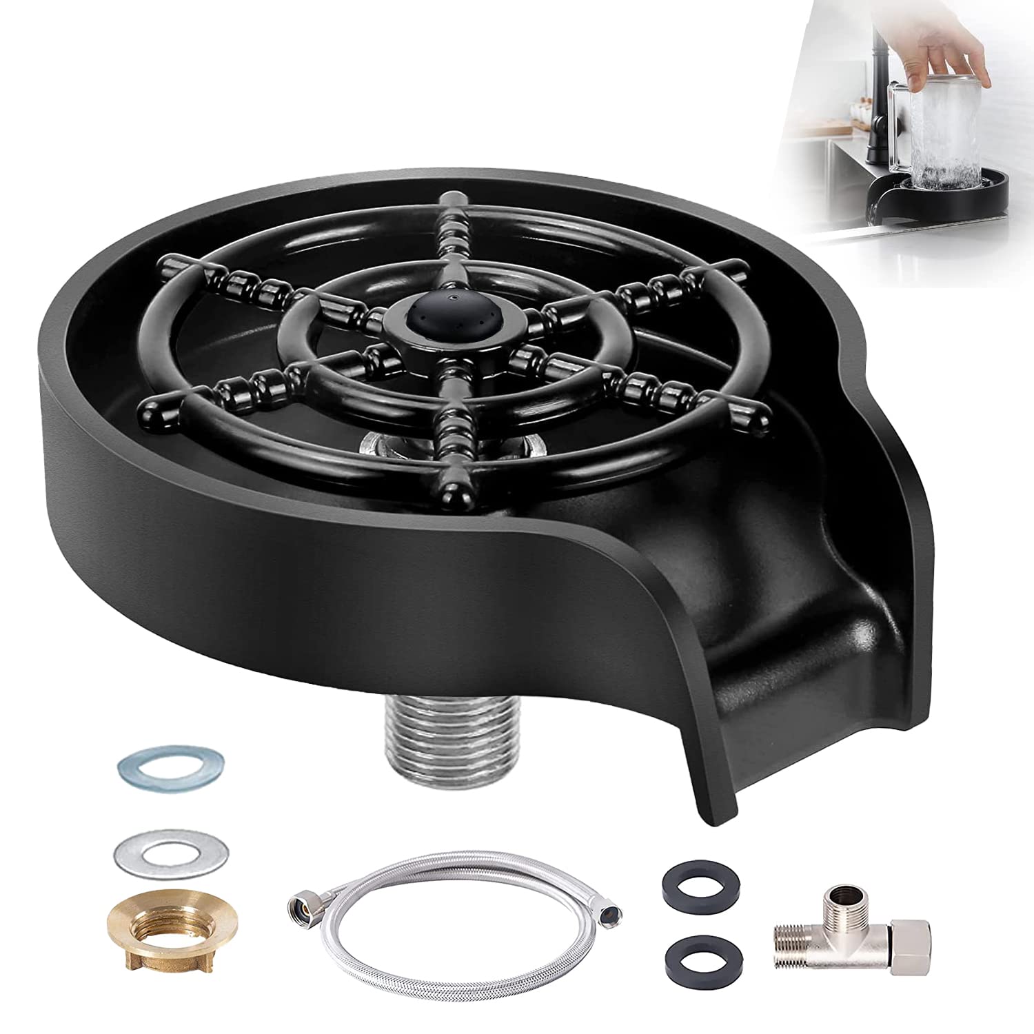 Stainless Steel Glass Rinser for Kitchen Sink - 9 Powerful Jet Bottle & Cup Washer Cleaner - Bar Sink Accessory for Home, Restaurant (Black) | Perfect for Wine Glasses, Beer Mugs & Barware Cleaning