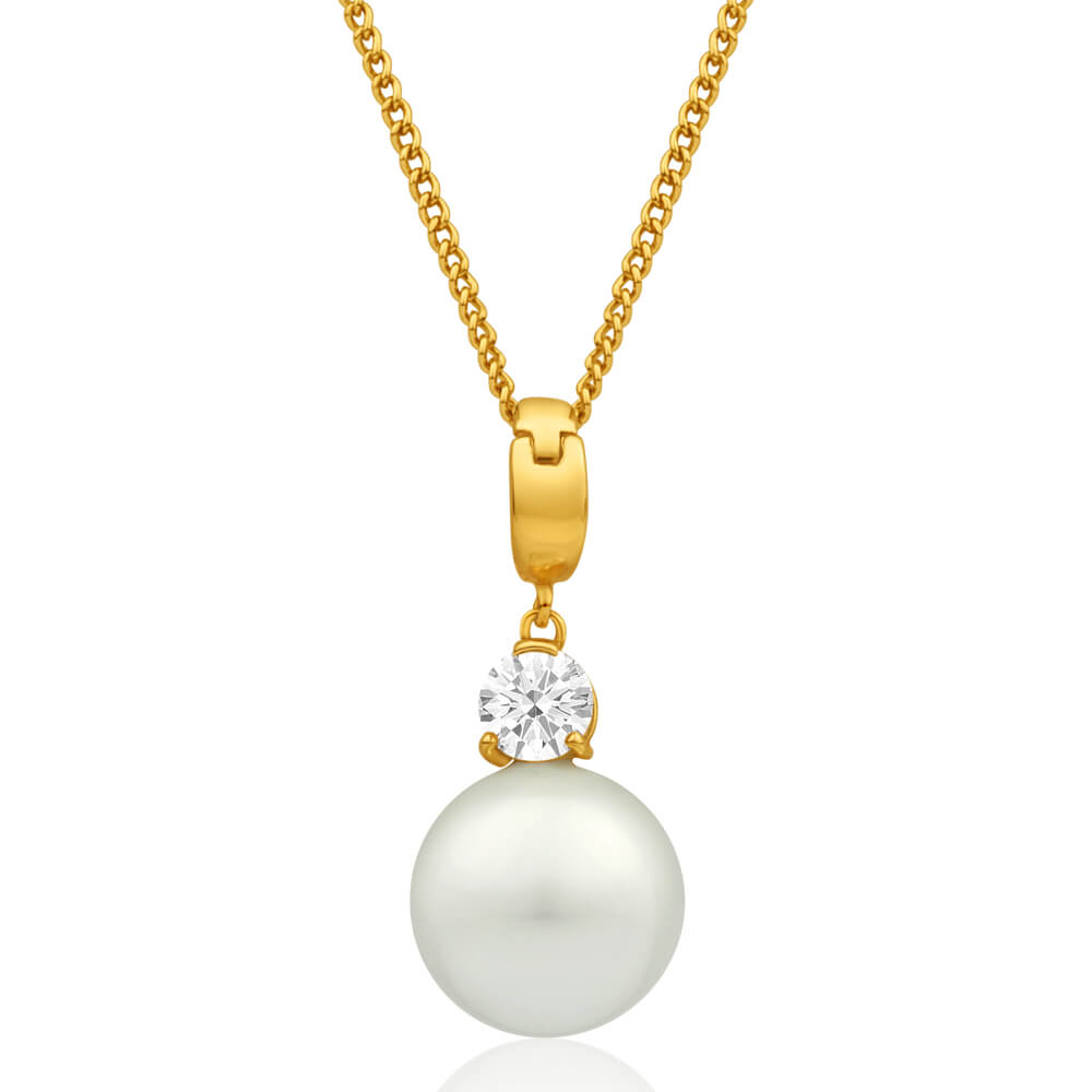 9ct Yellow Gold Cubic Zirconia and 12mm Simulated Pearl Pendant Necklace - Elegant Jewelry Gift for Women, Perfect for Weddings, Anniversaries & Special Occasions