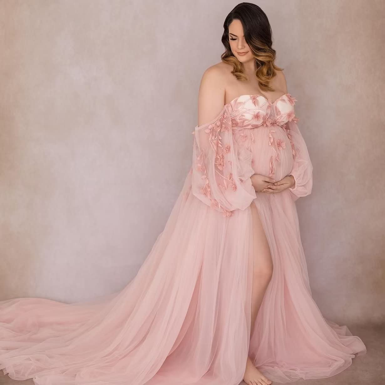 Elegant Long Sleeve Maternity Dresses for Photoshoot, Lingerie, Bridal Robes & Baby Shower - Soft Tulle Pregnancy Gown for Maternity Photos, Wedding & Special Occasions