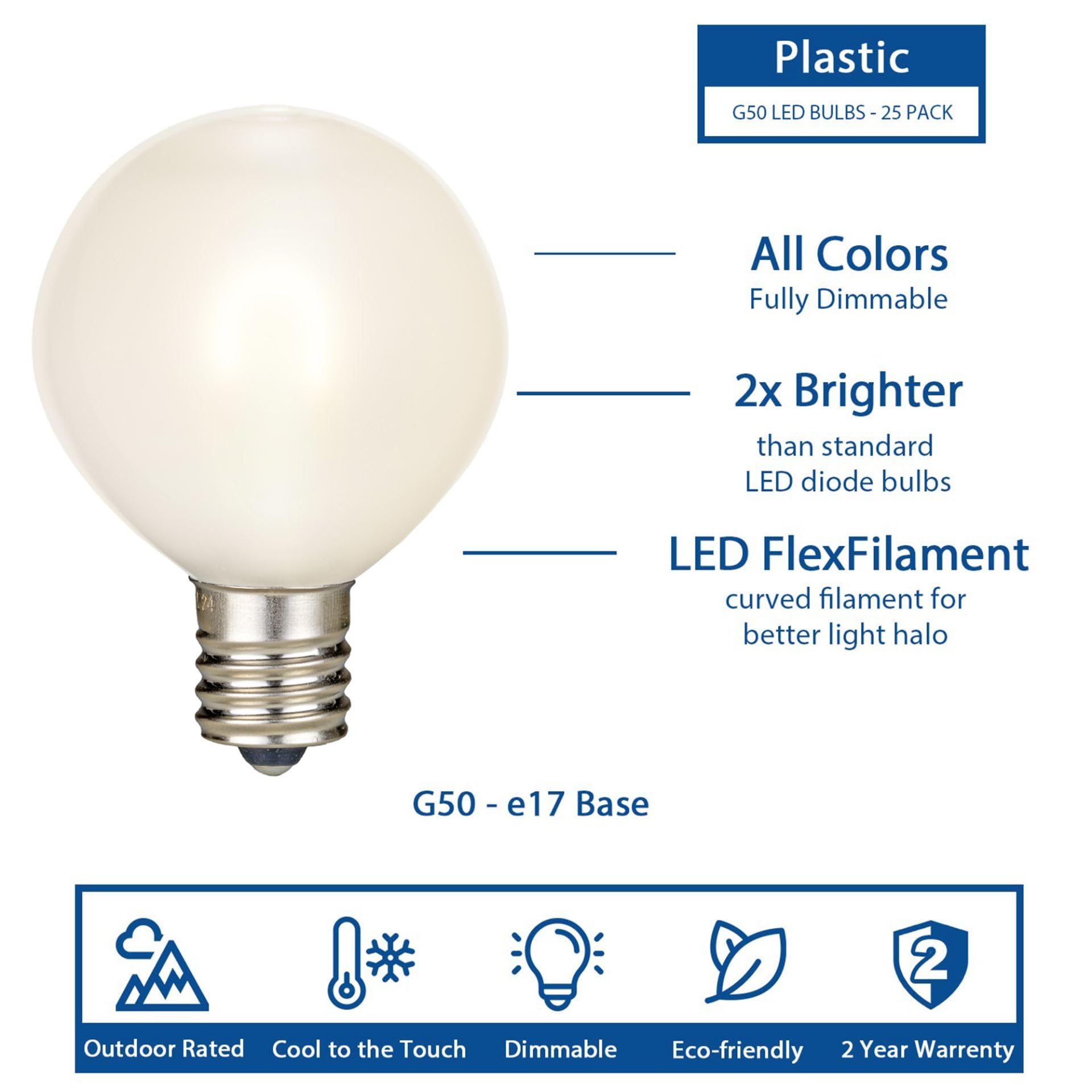 25 Pack G50 LED E17 Base Glass Outdoor String Lights - Dimmable Warm White Globe Bulbs (0.8W) for Patio, Garden, Wedding & Party Decorations