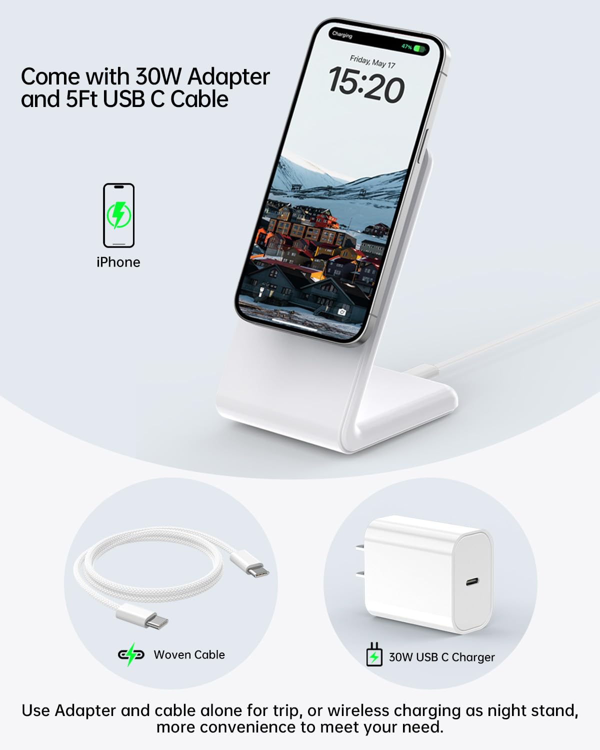 Magnetic Wireless Charger Stand for iPhone 16 Pro Max & Magsafe Charger - Fast USB-C Charging with 5ft Braided Cable | Compatible with iPhone 15/14/13/12 Series | Perfect for Home, Office & Nightstand Charging (White)
