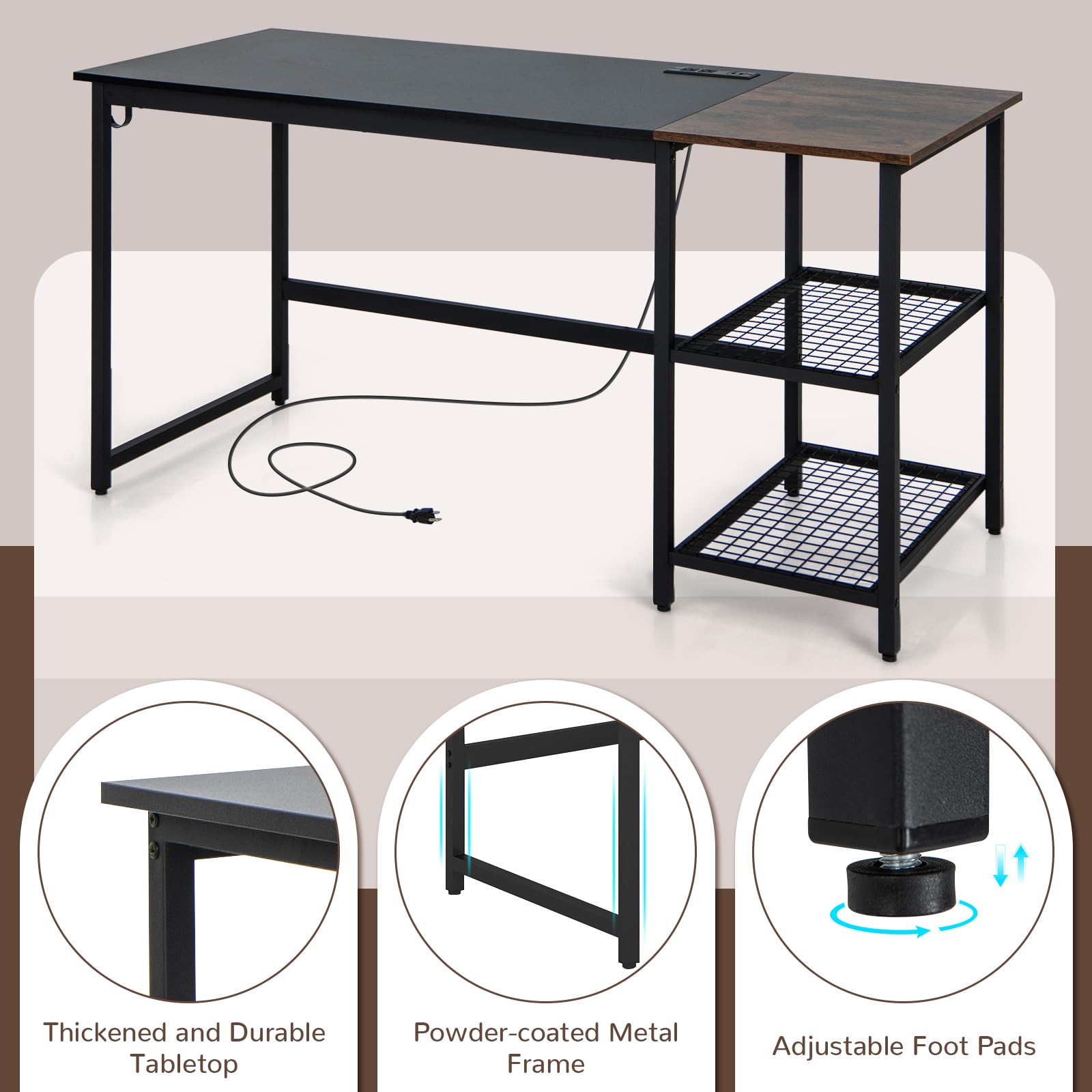 Tangkula 59 Inch Modern Industrial Computer Desk with Charging Station, 2-Tier Storage Shelves & Hook, Sturdy Metal Frame PC Laptop Workstation for Home Office, Study, and Gaming Setup