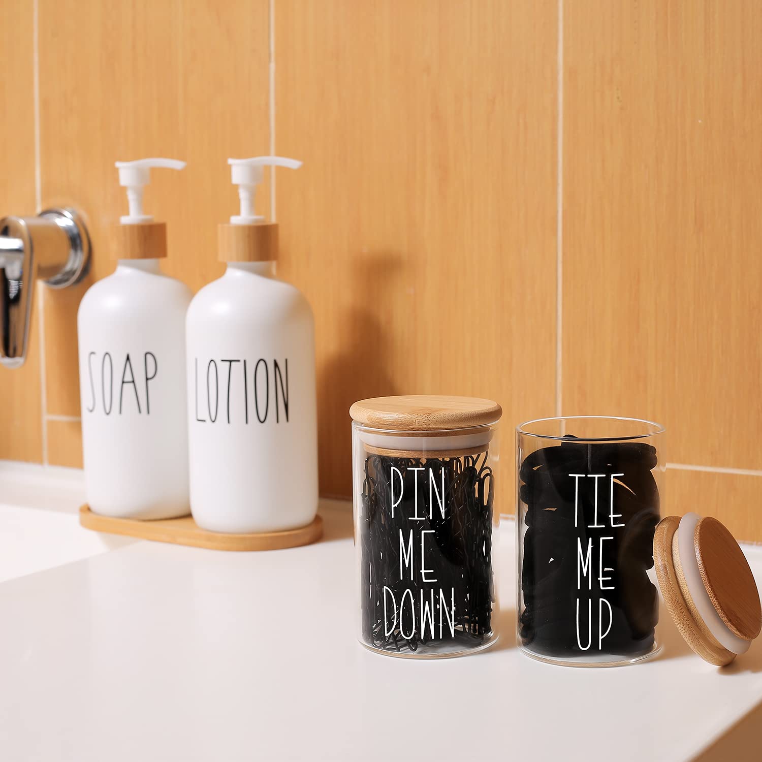 MOMEEMO Apothecary Jars with Lids - Bathroom Storage Organizer for Hair Ties, Bobby Pins & Small Accessories | Bamboo Bathroom Decor | Perfect for Vanity, Countertop & Shower Organization