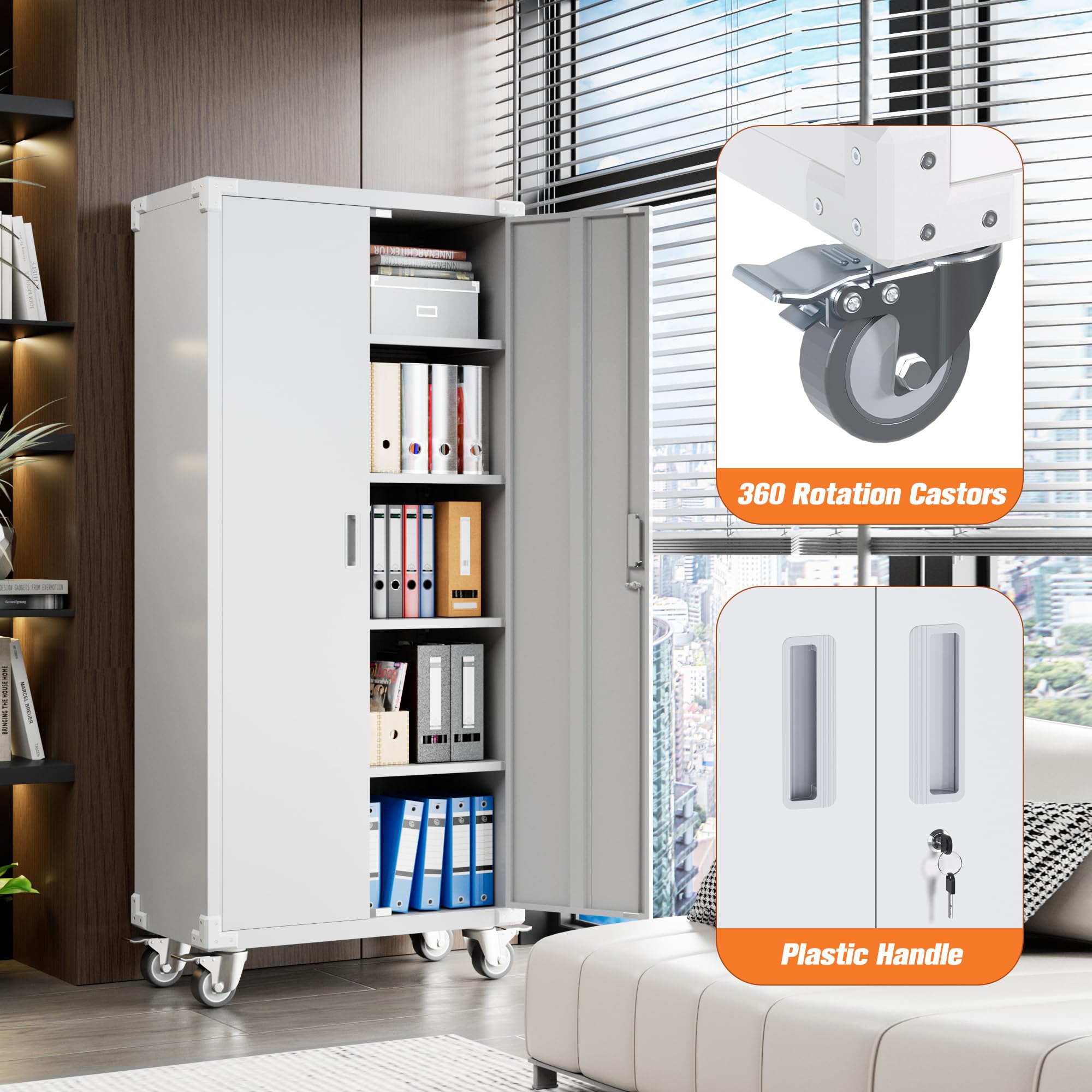 Aobabo Heavy Duty Metal Storage Cabinet with Wheels & Lock - 2 Door Steel Cabinet with 4 Adjustable Shelves for Office, Home & School Organization - Easy Assembly White - Perfect for Storing Files, Supplies & Equipment