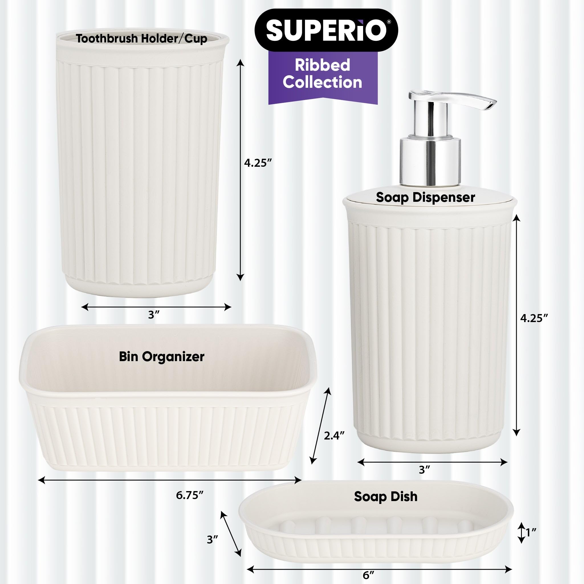 Superio Ribbed Collection - 4-Piece White Smoke Plastic Bathroom Accessories Set with Soap Dish, Liquid Dispenser, Toothbrush Holder & Vanity Tray - Modern Bathroom Decor for Home, Apartment or Guest Bathroom Organization