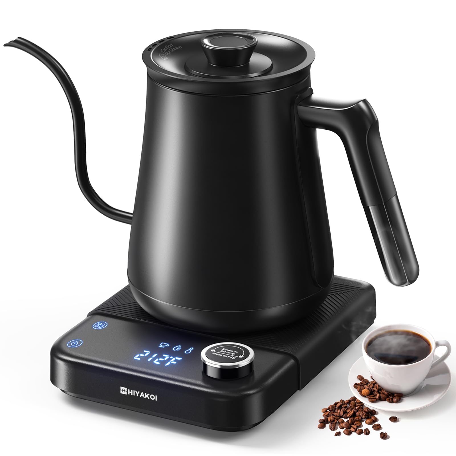 HIYAKOI Gooseneck Electric Kettle with Precise Temperature Control - 1200W Fast Heating Stainless Steel Pour Over Kettle for Coffee & Tea (0.8L) - Keep Warm Function - Perfect for Home Brewing, Office Use, and Gift Giving