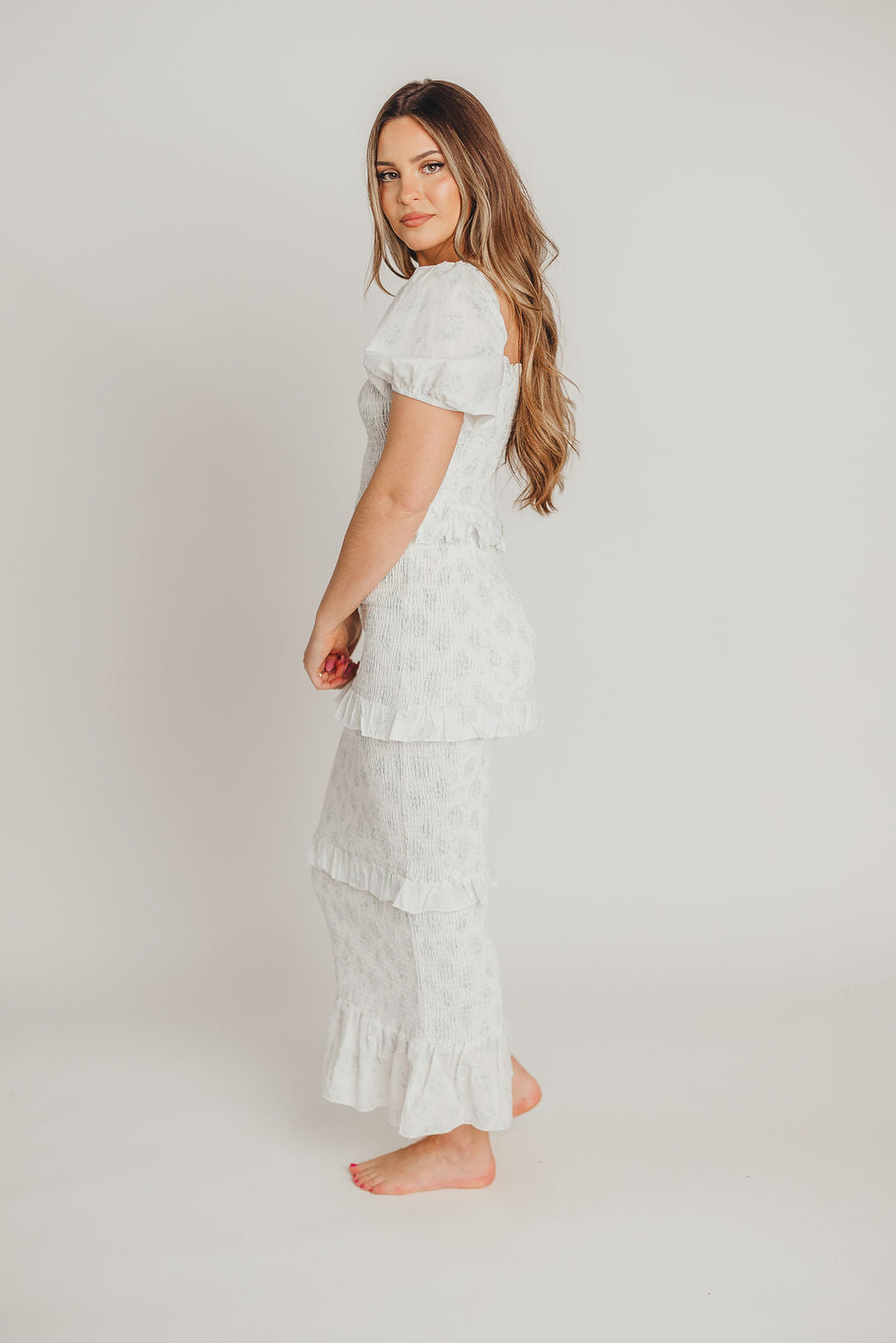 Ada Smocked Dress in Blue Floral - Bump Friendly Maternity Dress with Inclusive Sizing (S-3XL) | Perfect for Baby Showers, Bridal Events & Summer Weddings