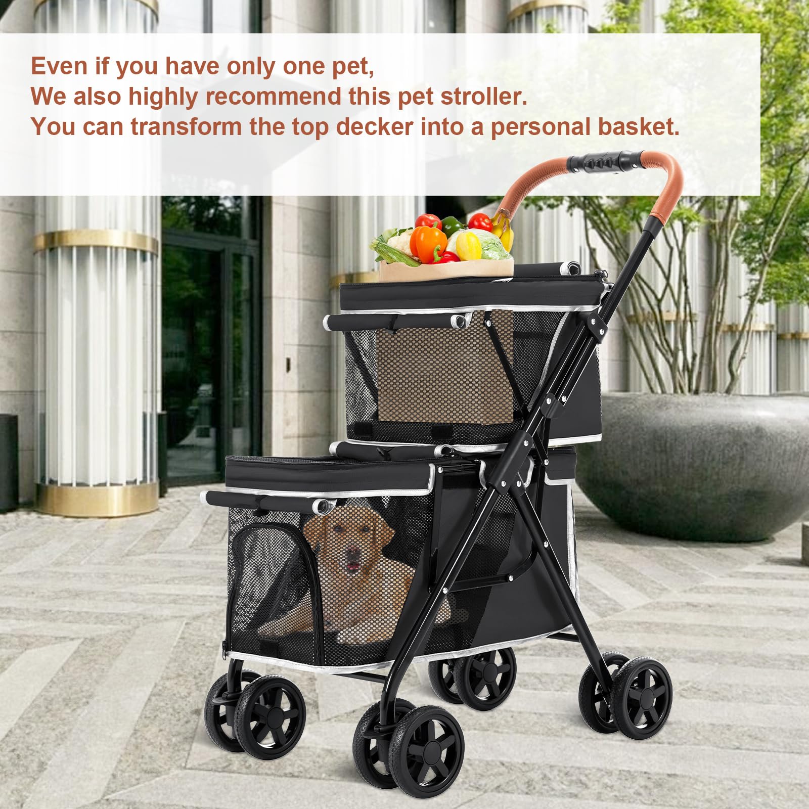 Double Pet Stroller for Dogs and Cats - Foldable 4-Wheel Travel Carrier for Small & Medium Pets - One-Hand Operation - Perfect for Park Walks, Vet Visits & Shopping Trips - Black