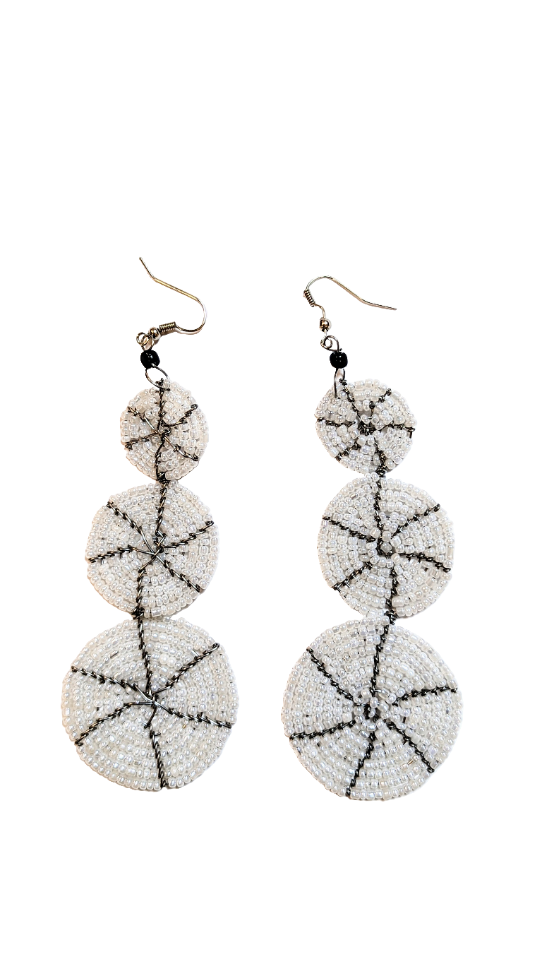 Stylish Silver Three Linked Circle Drop African Beaded Earrings - Handmade Tribal Jewelry for Women | Perfect for Weddings, Parties & Cultural Events