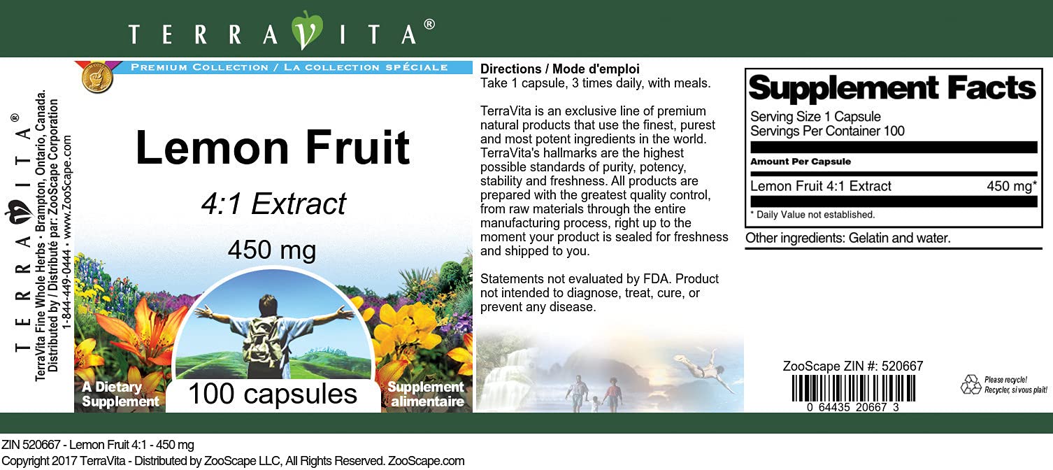 Lemon Fruit Extract 4:1 - 450mg (100 Capsules, ZIN: 520667) - 2 Pack | Natural Antioxidant Supplement for Immune Support & Detox | Perfect for Daily Wellness Routine & Travel