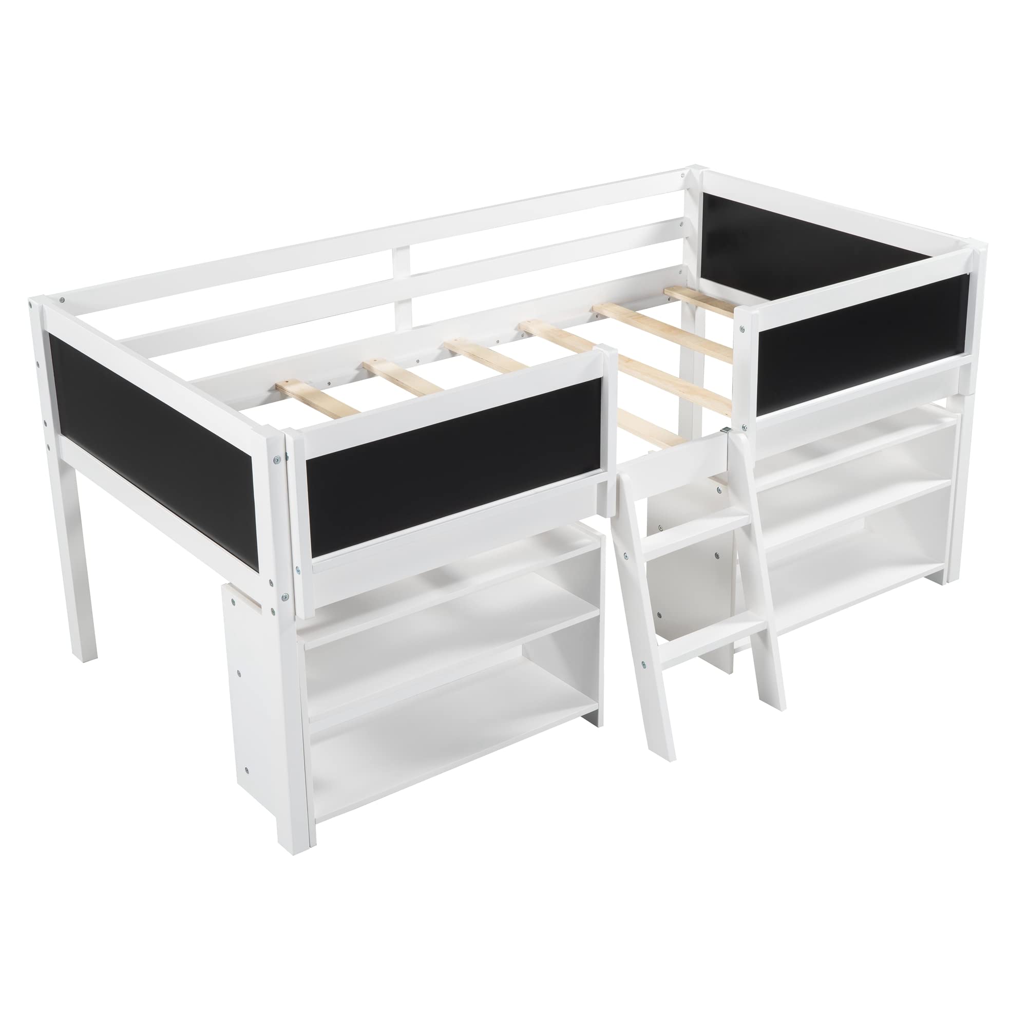 **Kids Twin Loft Bed with Ladder & Movable Shelves - Wooden Low Loft Bed for Toddlers, White Finish with Chalkboard Guardrail - Perfect for Small Bedrooms & Playrooms**