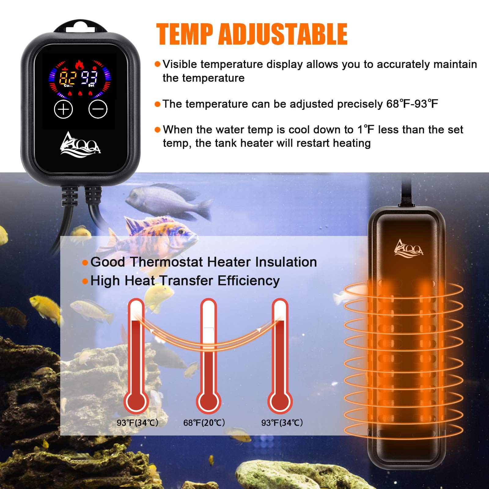 AQQA 800W Submersible Aquarium Heater for 80-220 Gallon Fish Tanks - Adjustable Thermostat for Freshwater & Saltwater Aquariums - Ideal for Betta Fish, Tropical Fish & Marine Life - Perfect for Home, Office or Fish Store Use