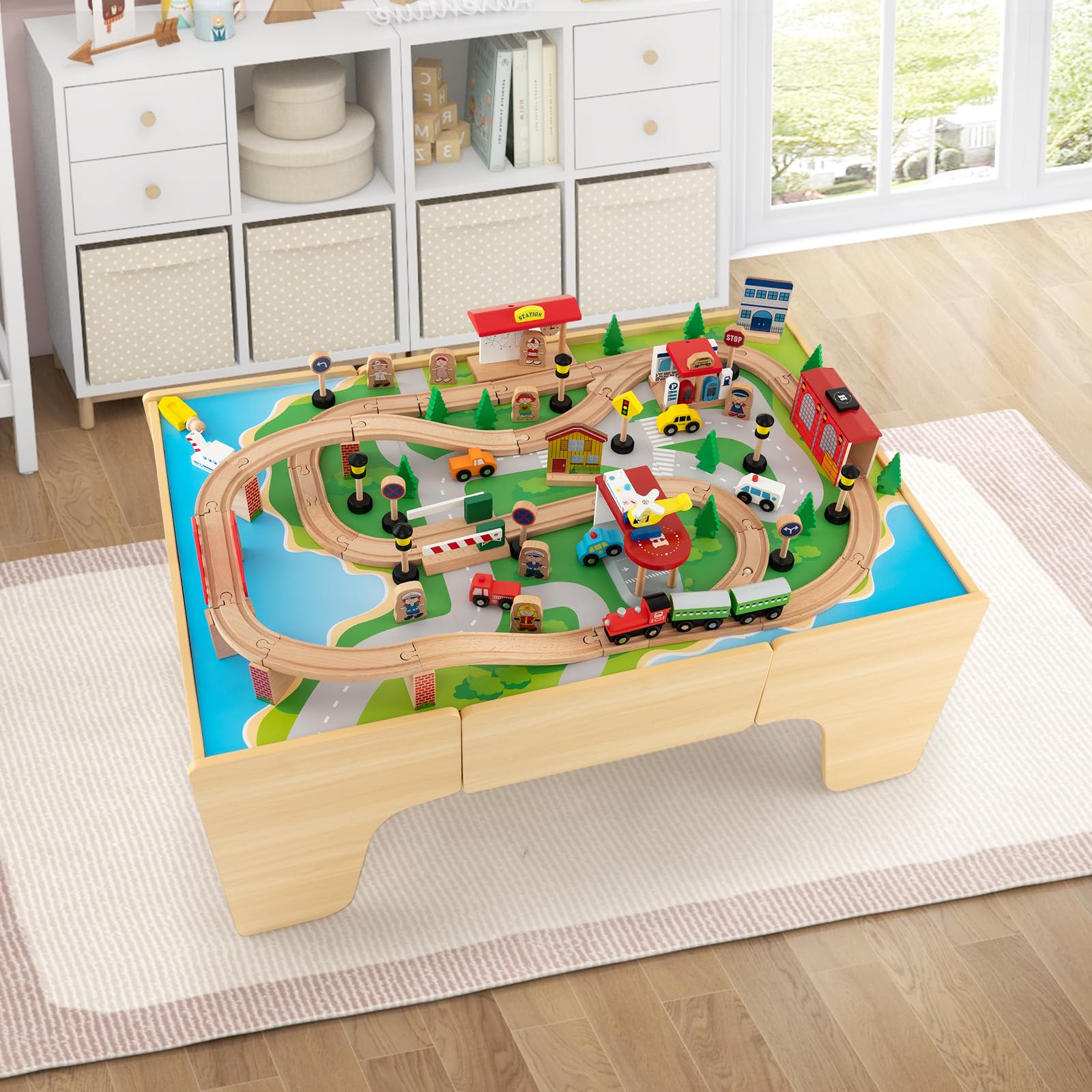 COSTWAY Solid Wood Train Table Set with 84-Piece Track, Storage Drawer & Natural Wooden Train Play Table for Kids Ages 3+ (97x62.5x39.5cm) - Perfect for Preschool Playrooms, Daycare Centers & Toddler Gift Ideas