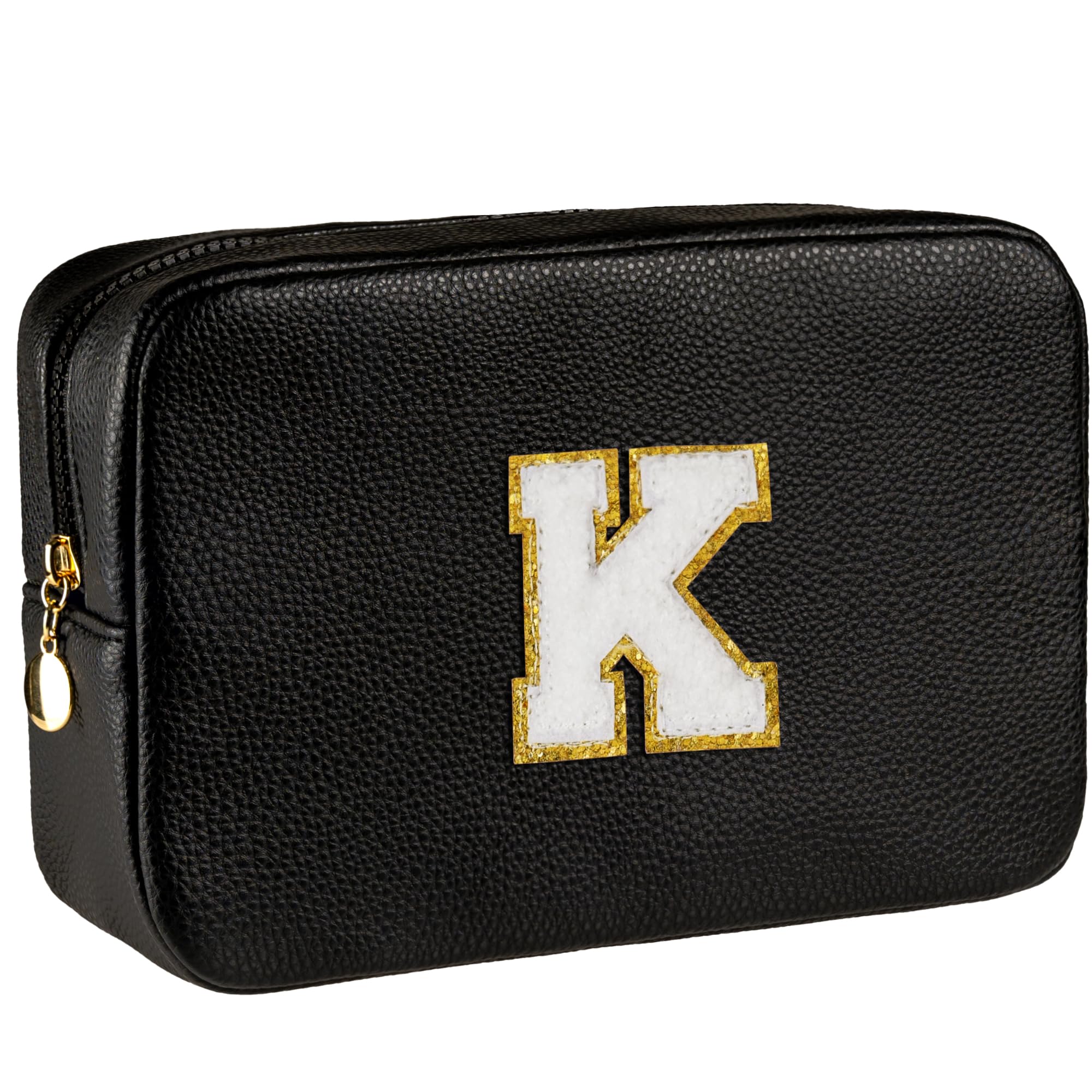 Personalized Leather Makeup Bag for Women - Monogrammed Chenille Letter Cosmetic Pouch, Waterproof Travel Toiletry Organizer | Perfect Birthday & Christmas Gift for Her, Ideal for Travel, Gym & Daily Essentials Storage