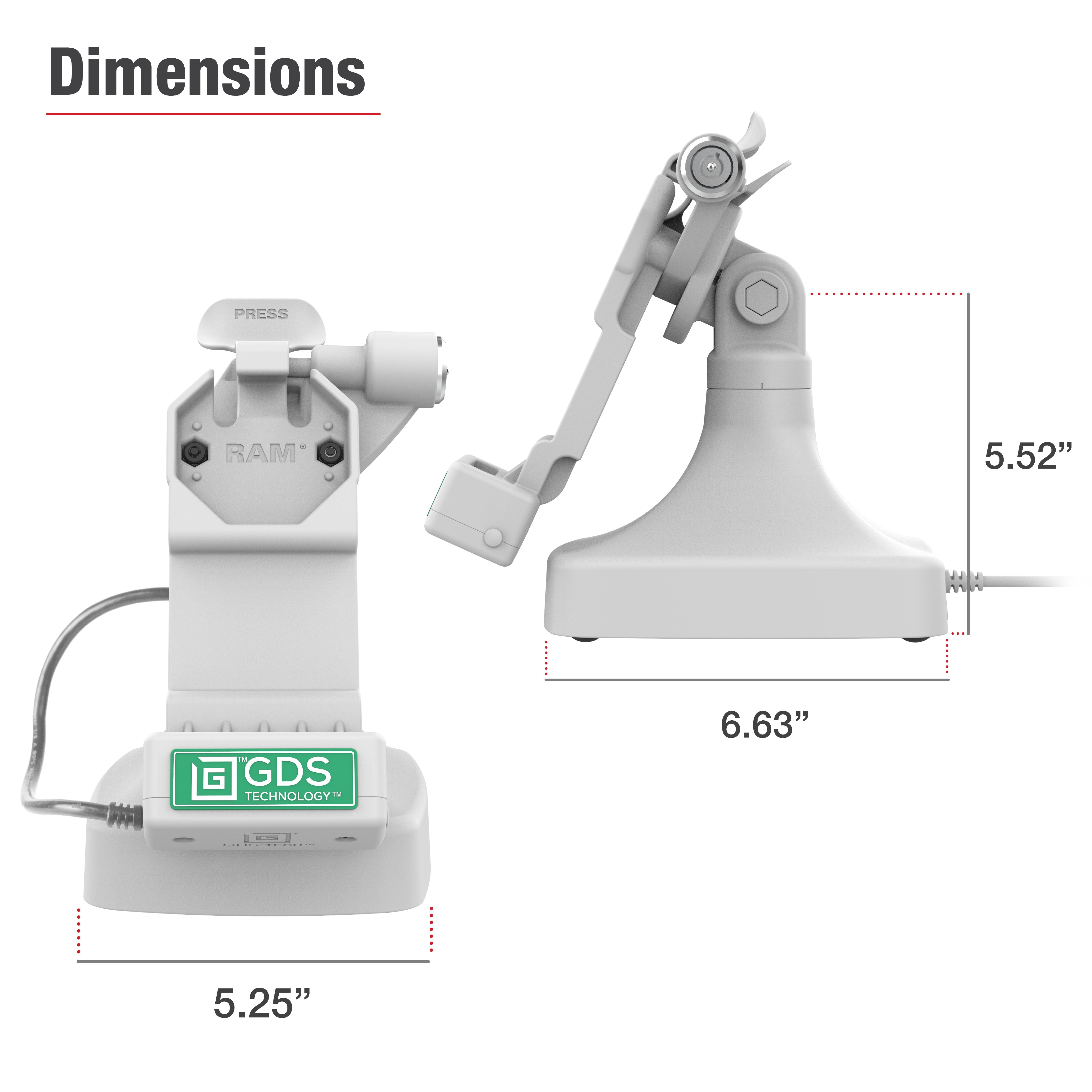 GDS® Uni Conn™ Locking Tilt & Swivel Dock with PoE + Data - Gray (RAM GDS DOCKLR D14 U1E 2A GRY) - Secure Mounting Solution for Tablets, POS Systems & Industrial Displays in Harsh Environments