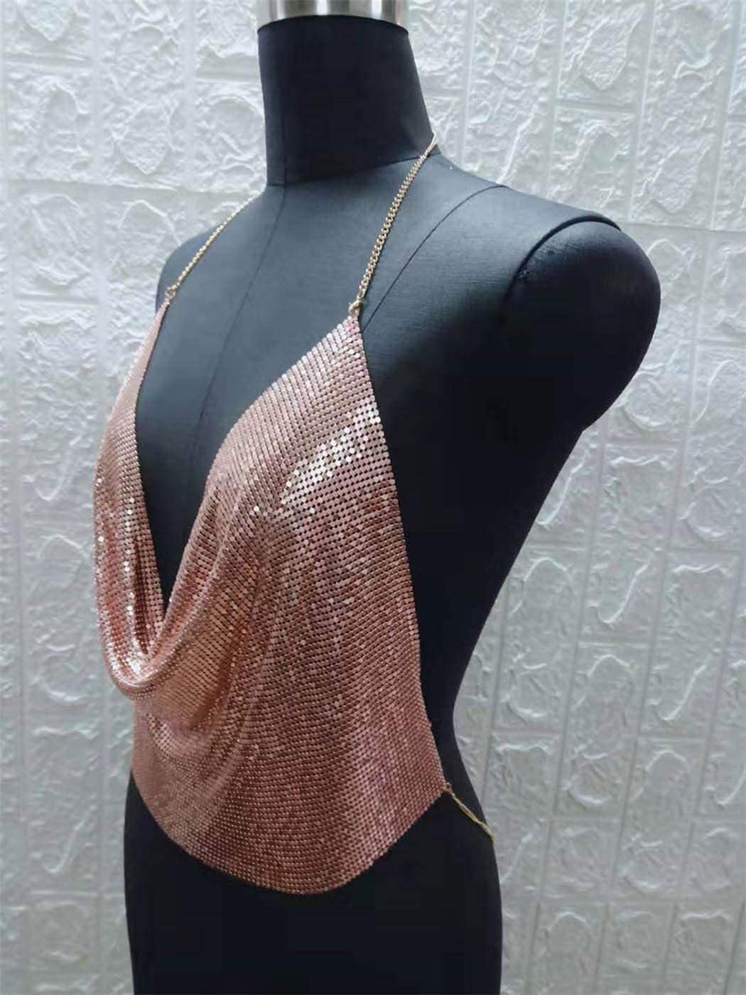 Boho Sequins Body Chain Bra Bikini Top - Shimmer Backless Halter Crop Top for Women | Beach Party, Festival, Swimwear Accessory, Body Jewelry for Summer Vacations