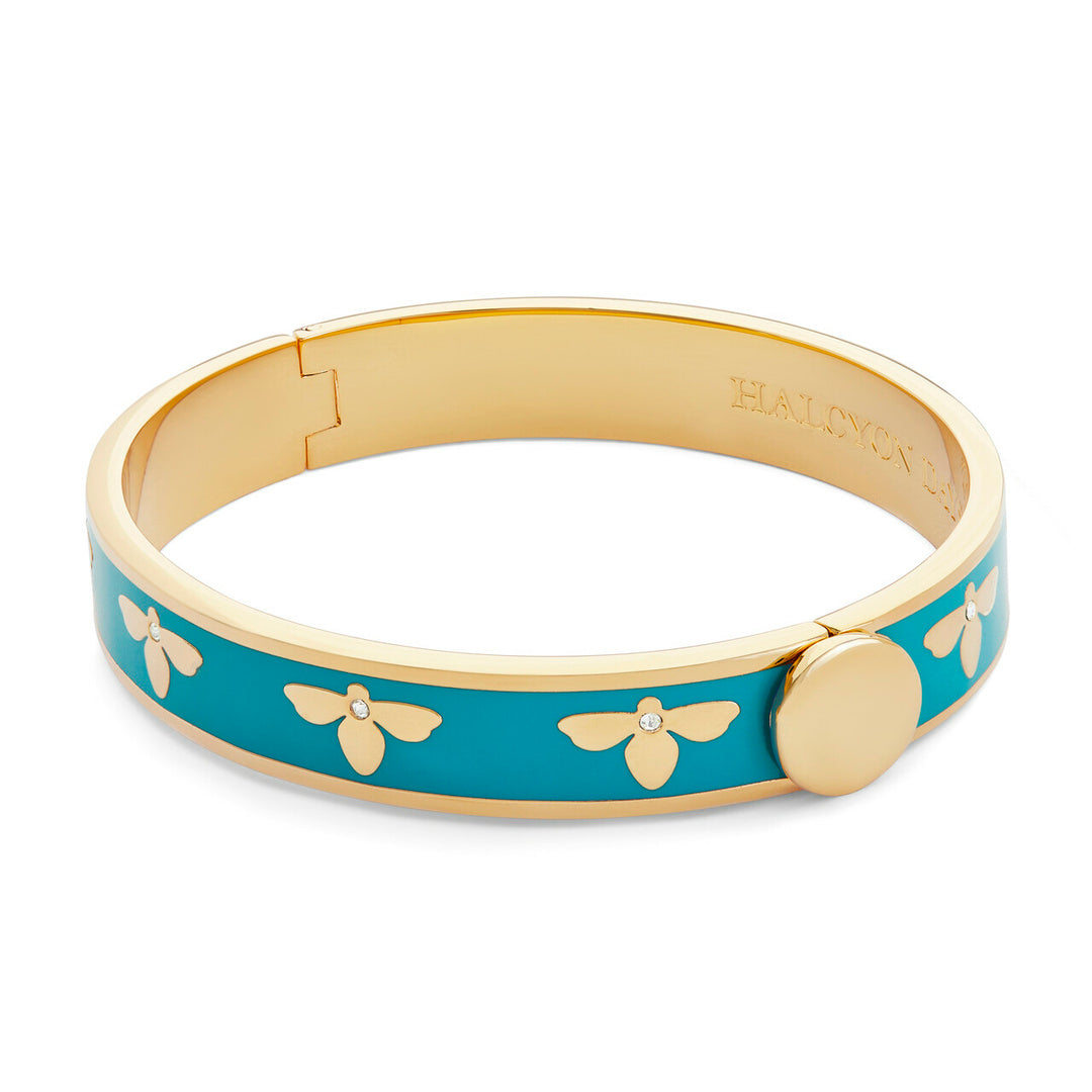 Bee Enamel Hinged Bangle Bracelet - Turquoise Blue Handmade Jewelry for Women, Boho Chic Accessories for Casual Wear & Special Occasions