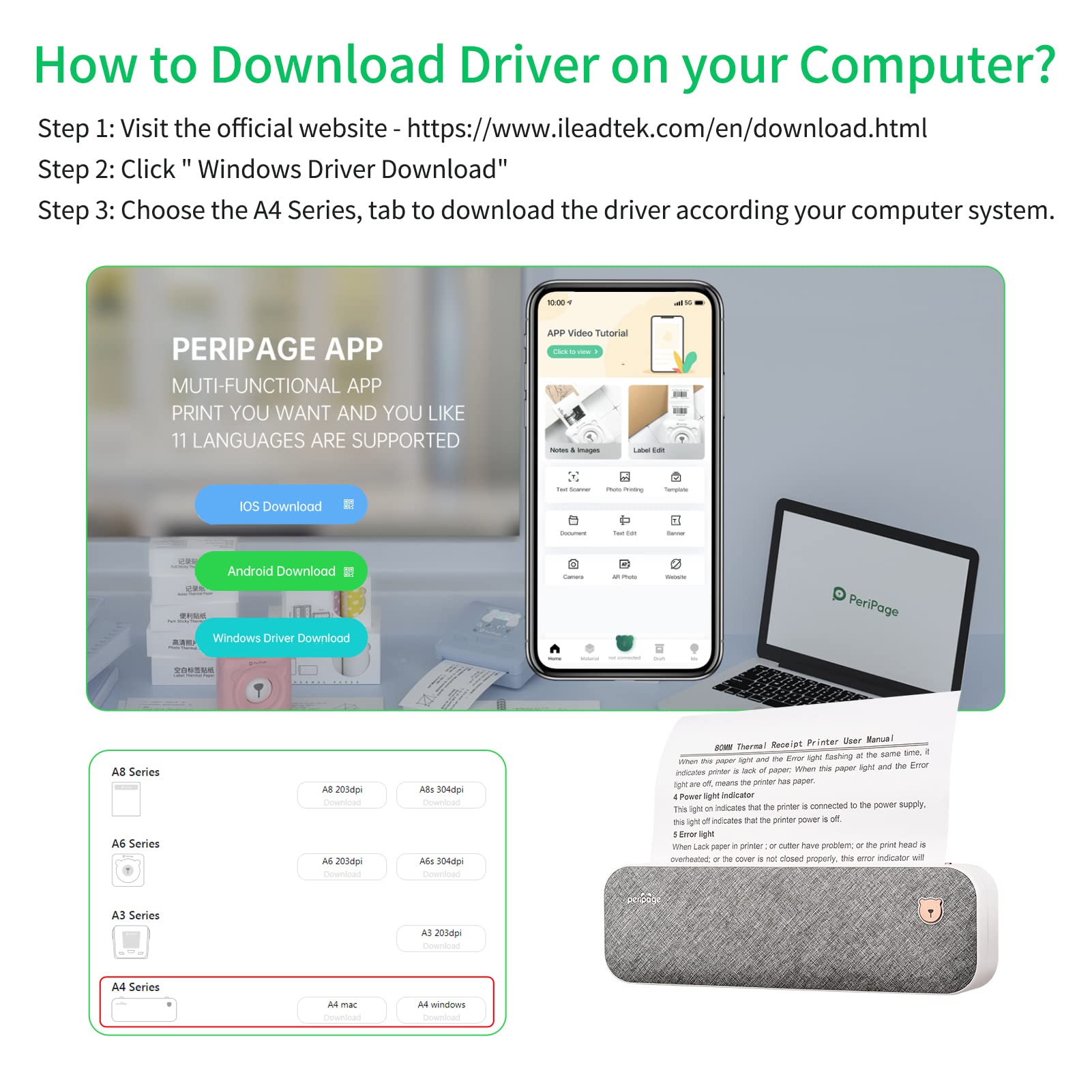 BISOFICE PeriPage Portable A4 Wireless Bluetooth Thermal Printer - Travel Printer for Android & iOS, Supports 2