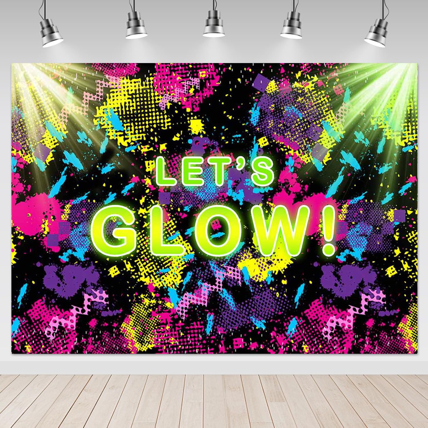 7x5ft Neon Glow Party Backdrop - Splatter Design for Glow Theme Birthday, Dance Party & Event Decorations | Mocsicka Let's Glow Background for Nightclubs, Raves, Photo Booths & Social Media Content
