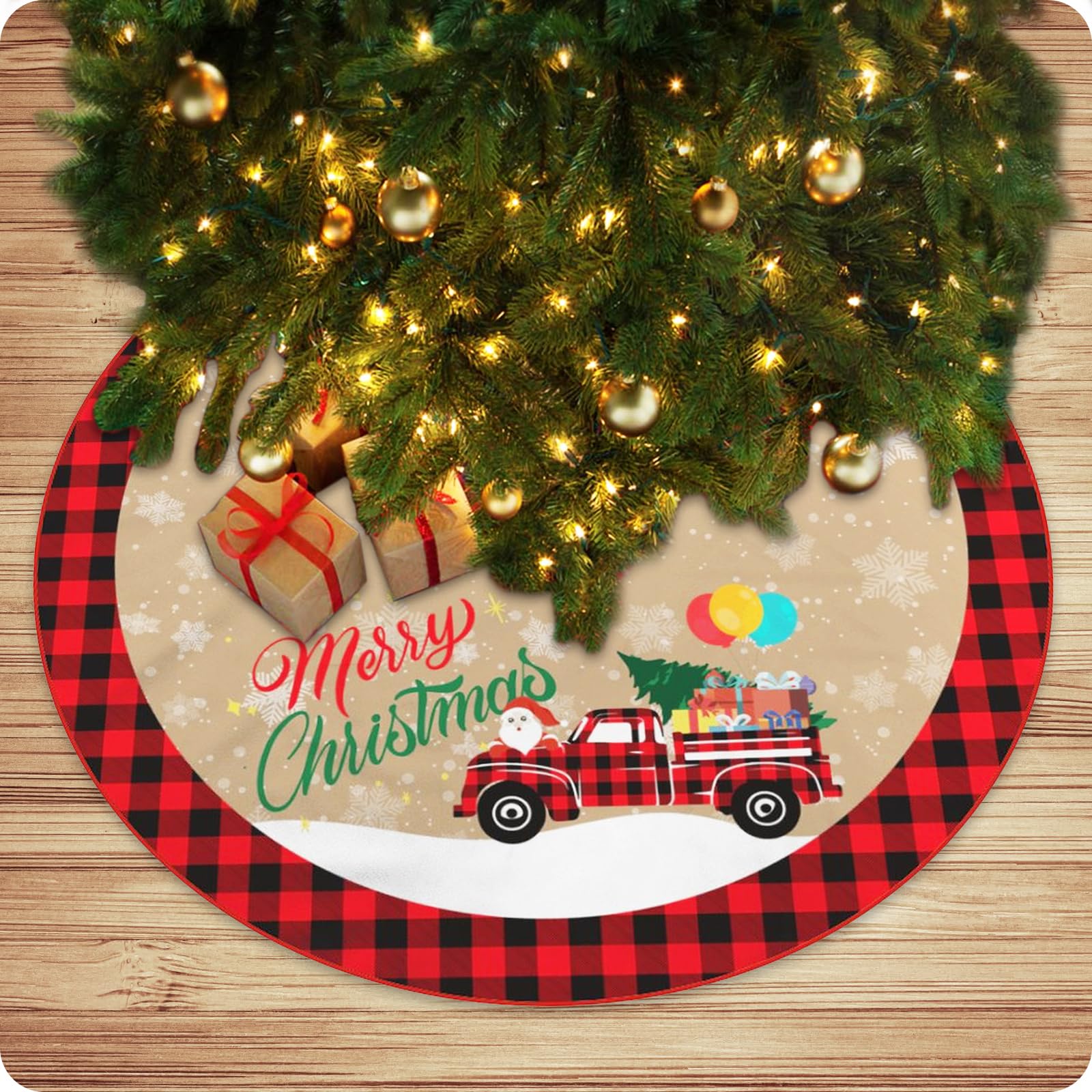 36 Inch Red Christmas Tree Skirt with Snowman & Santa Claus - Buffalo Plaid Edge Vintage Holiday Decor for Xmas Party, Home, Fireplace & Gift Giving