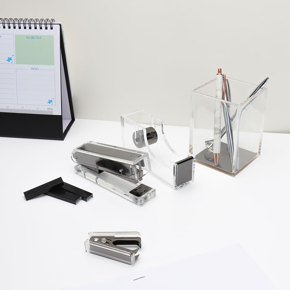 6-Piece Black Acrylic Desk Organizer Set - Stapler, Tape Dispenser, Pen Holder, Sticky Note Holder, Staples Remover with 1000 Staples - Modern Office Supplies for Home & Workspace Organization