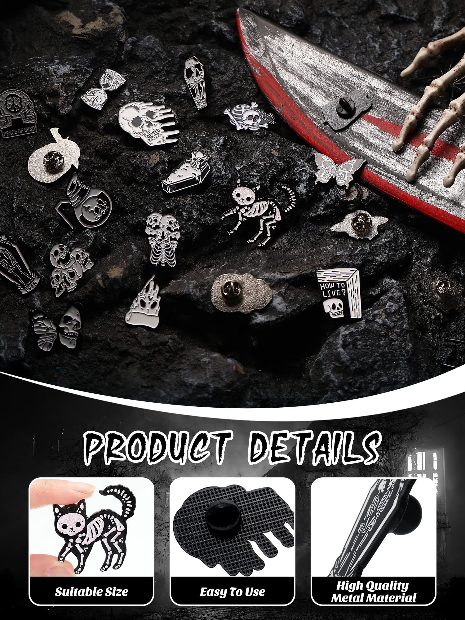 BBTO 20-Piece Gothic Skull Enamel Pin Set - Spooky Skeleton Brooches for Jacket, Backpack & Hat - Dark Cartoon Horror Pins for Halloween Costume, Goth Fashion & Punk Accessories