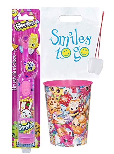 Shopkins Inspired 2-Piece Kids Dental Care Set - Electric Spin Toothbrush & Mouthwash Rinse Cup with Bonus Tooth Saver Necklace & Gift Bag | Fun Oral Hygiene for Children, Perfect Birthday Gift & Travel Dental Kit