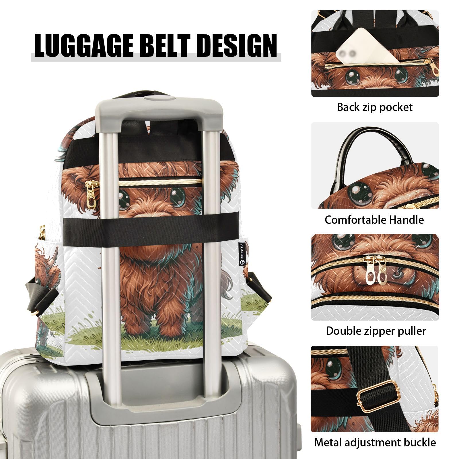ODAWA Quilted Backpack for Women - Cute Highland Cow Print on Grass, Fashionable Travel Backpack Purse with Luggage Strap - Perfect for School, Work, and Weekend Getaways