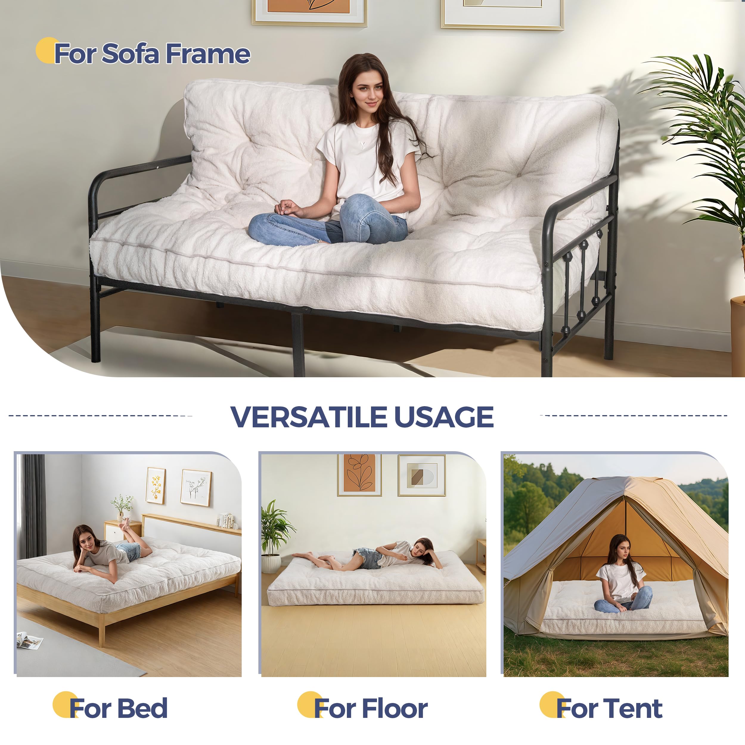 MAXYOYO 6-Inch Full Size Futon Mattress - Thick Boucle Sofa Bed with Shredded Foam Filling for Adults (Frame Not Included) | Perfect for Guest Rooms, Dorms, Apartments & Floor Sleeping - Beige