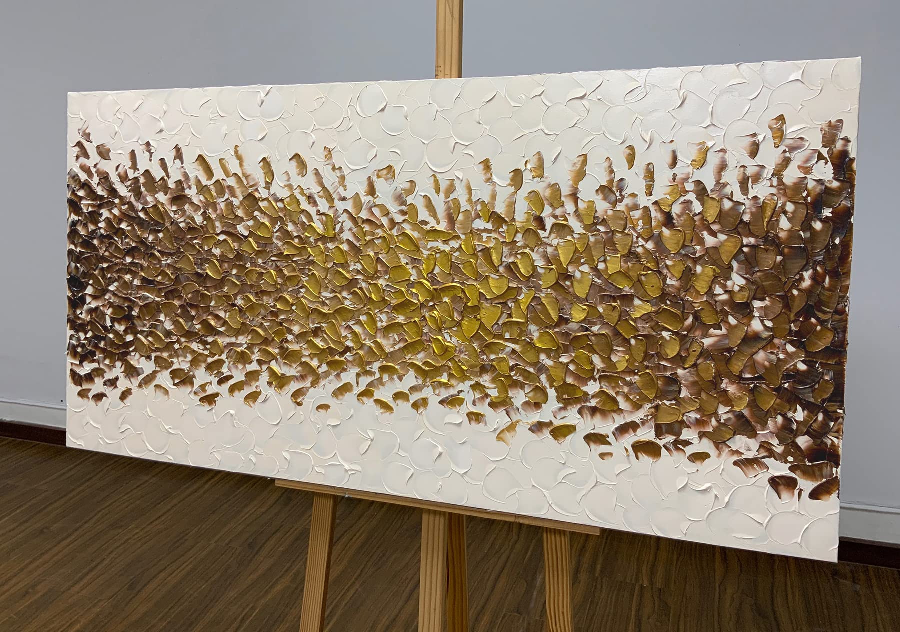 AZAVY 24x48 Inch Hand-Painted Gold Cream White Abstract Oil Painting - Textured Contemporary Wall Art - Stretched & Framed Canvas Ready to Hang - Perfect for Dining Room Decor, Living Room, Office & Modern Interior Design