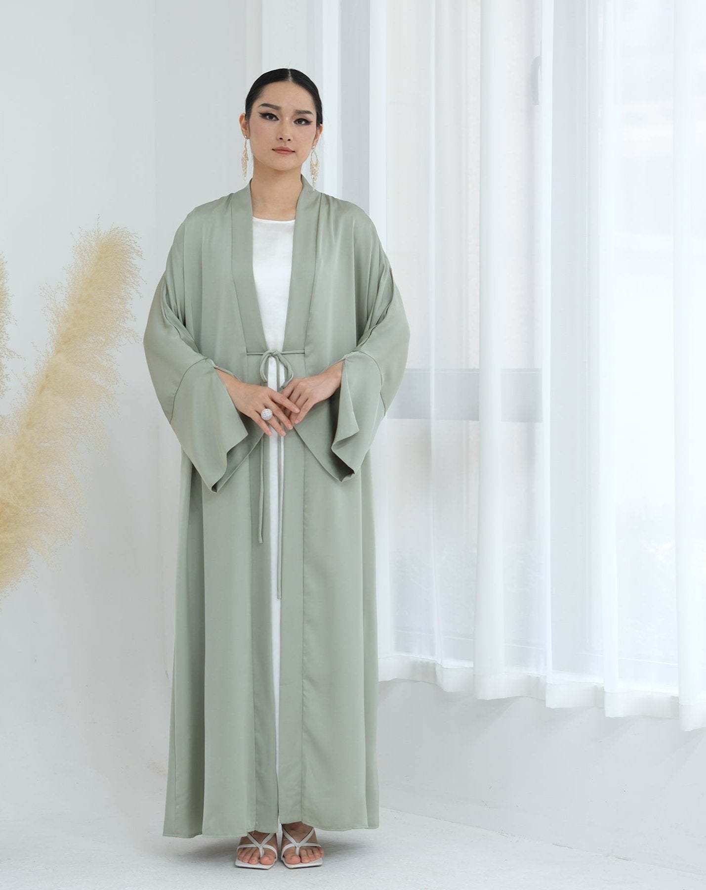 Lavinia Satin Open Abaya for Women - Elegant Long Flowy Prayer Dress - Sage Green Islamic Modest Wear for Mosque, Eid & Special Occasions