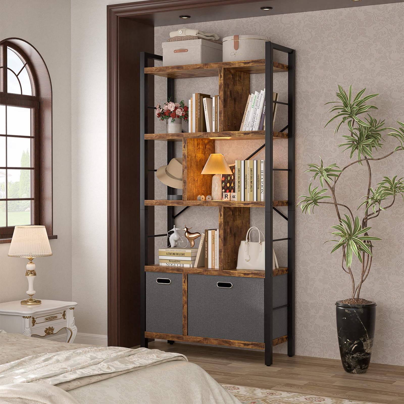 Armocity 5-Tier Geometric Bookcase with Drawers - Modern Tall Bookshelf with Storage, Rustic Brown Wooden Display Shelf for Living Room, Bedroom & Home Office - Perfect for Organizing Books, Decor & Office Supplies