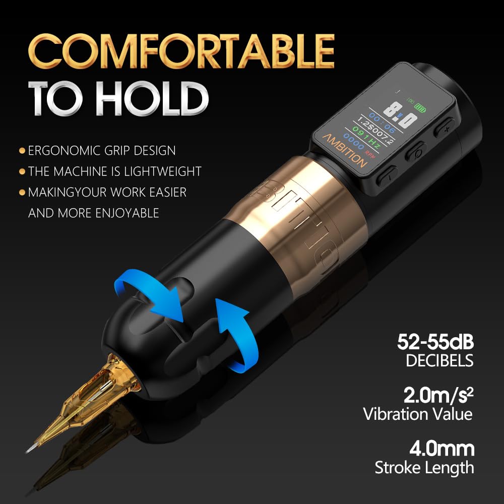 Ambition Soldier Max Rotary Tattoo Machine Gun - Professional Cordless Tattoo Pen with 2400mAh Battery, Billing Function & Stabilizing System - Ideal for Tattoo Artists & Body Art Professionals (Home Studio & Professional Tattoo Parlor Use)