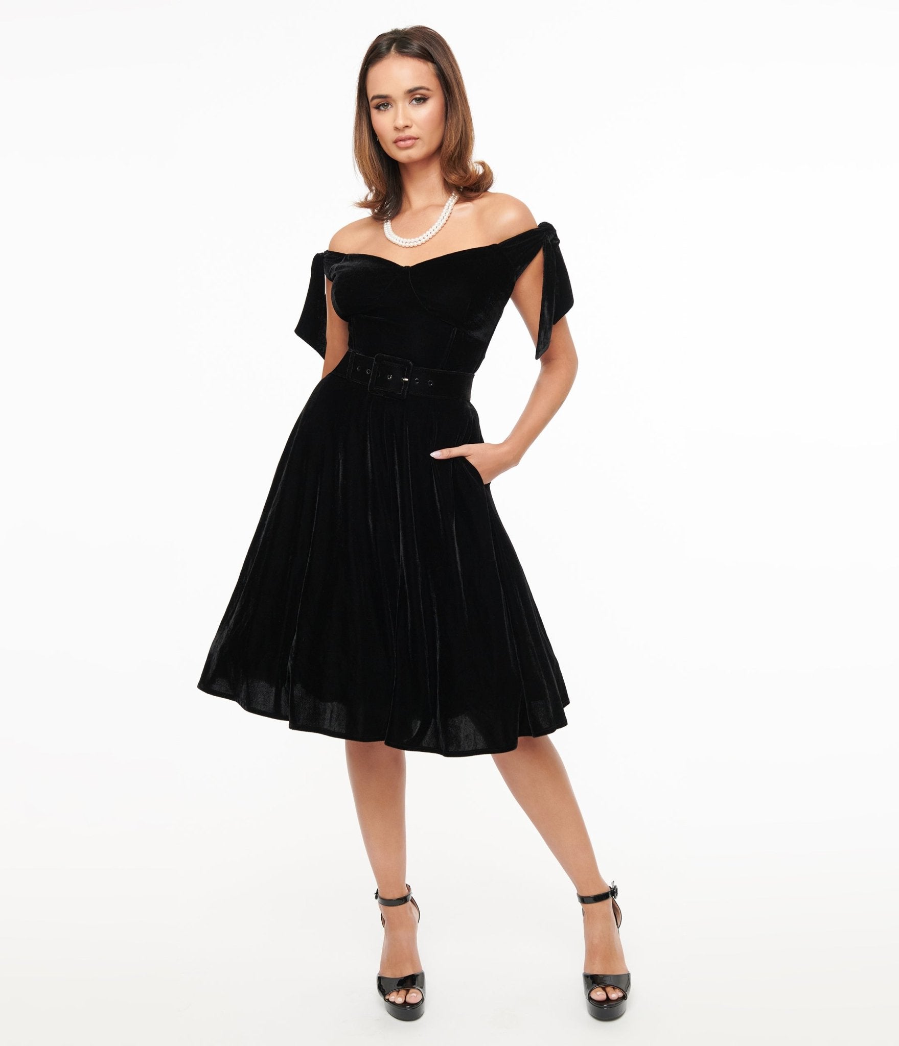 Vintage 1960s Black Velvet Off Shoulder Swing Dress - Retro Cocktail Party & Formal Evening Gown for Women