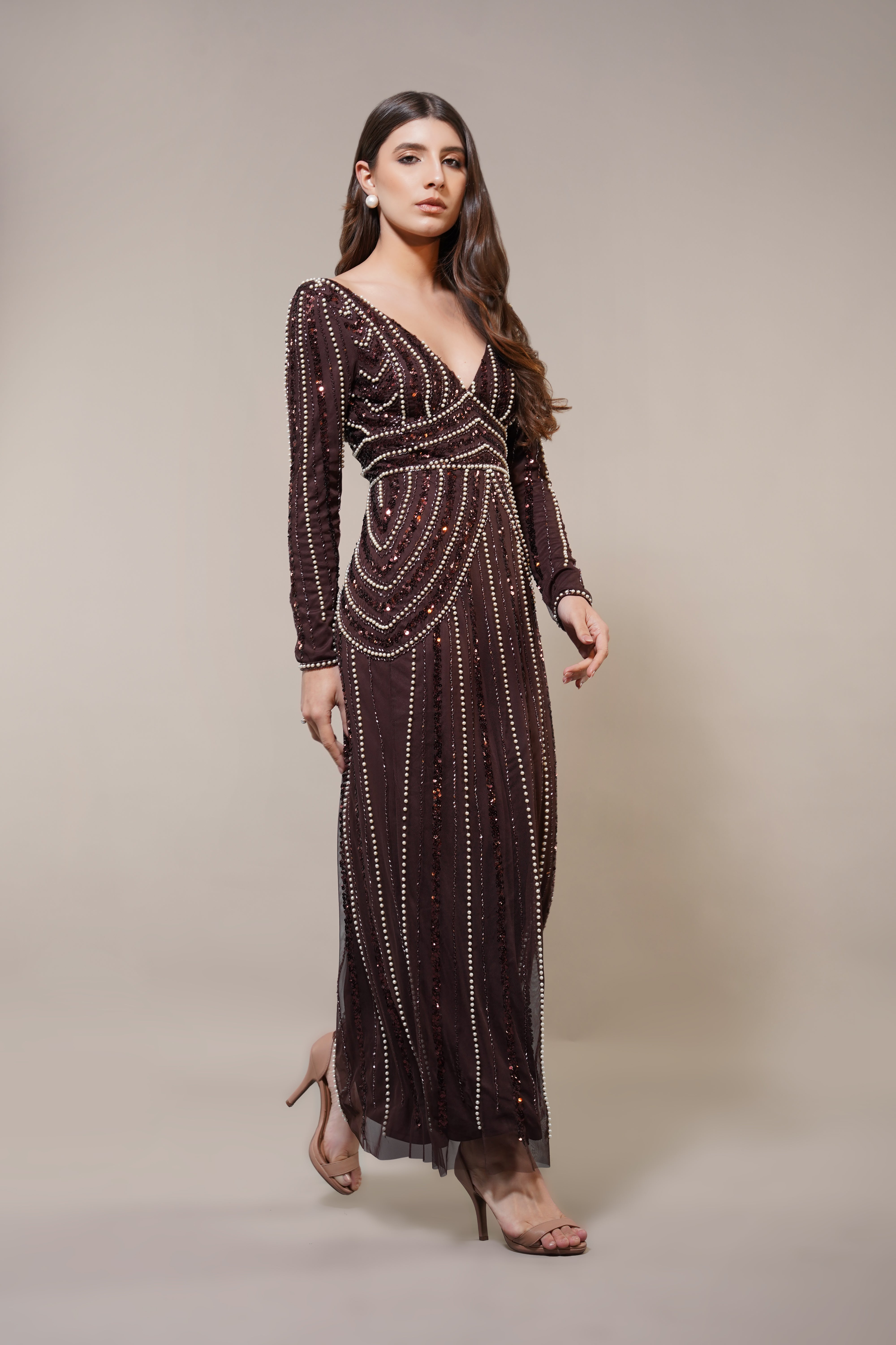 Cordelia Embellished Maxi Dress in Coffee Brown | Elegant Boho Evening Gown for Women | Perfect for Weddings, Parties & Special Occasions
