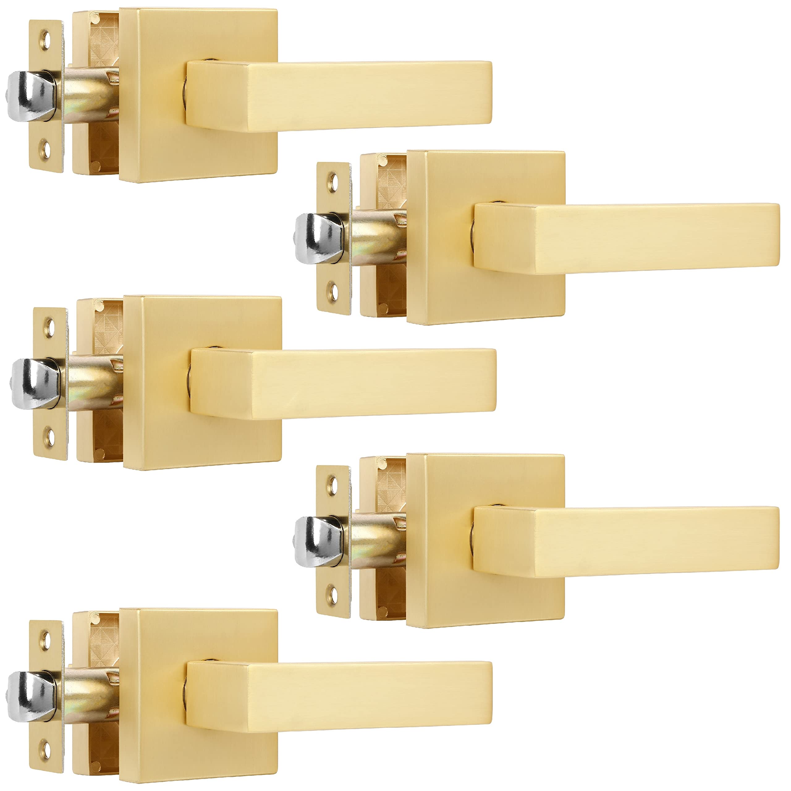 5-Pack Modern Square Door Lever Handles in Stain Brass - Heavy Duty Interior Door Knob with Contemporary Design for Hall, Closet & Bedroom - Perfect for Home, Office & Commercial Spaces