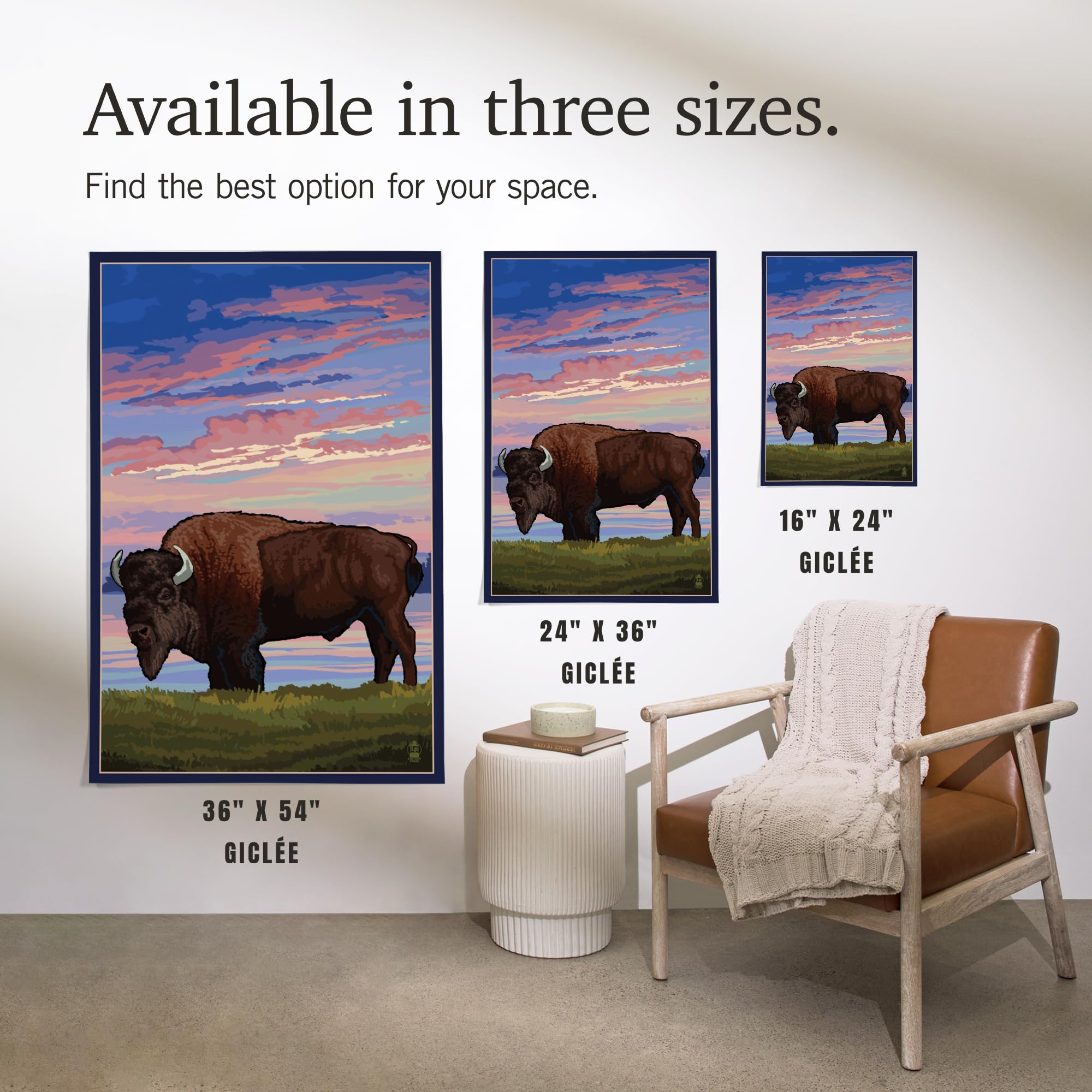 Lantern Press 16x24 Inch Giclee Art Print - Bison and Sunset Landscape Wall Decor | Premium Canvas Painting for Living Room, Bedroom & Office